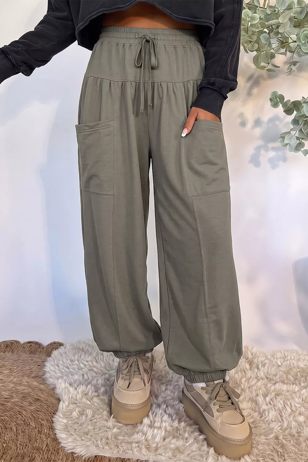 Drawstring Patch Pocket Jogger Pants in gray green, front view