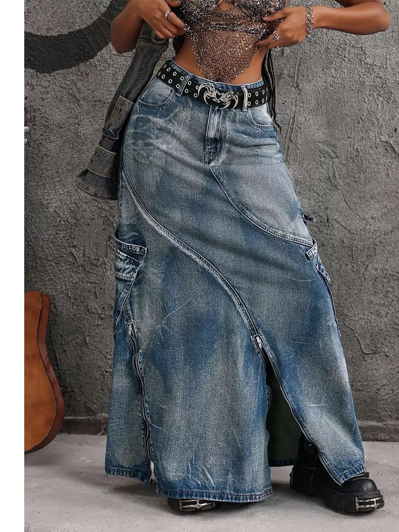 Trendsi High-Waisted Denim Maxi Skirt with Zipper Slit -