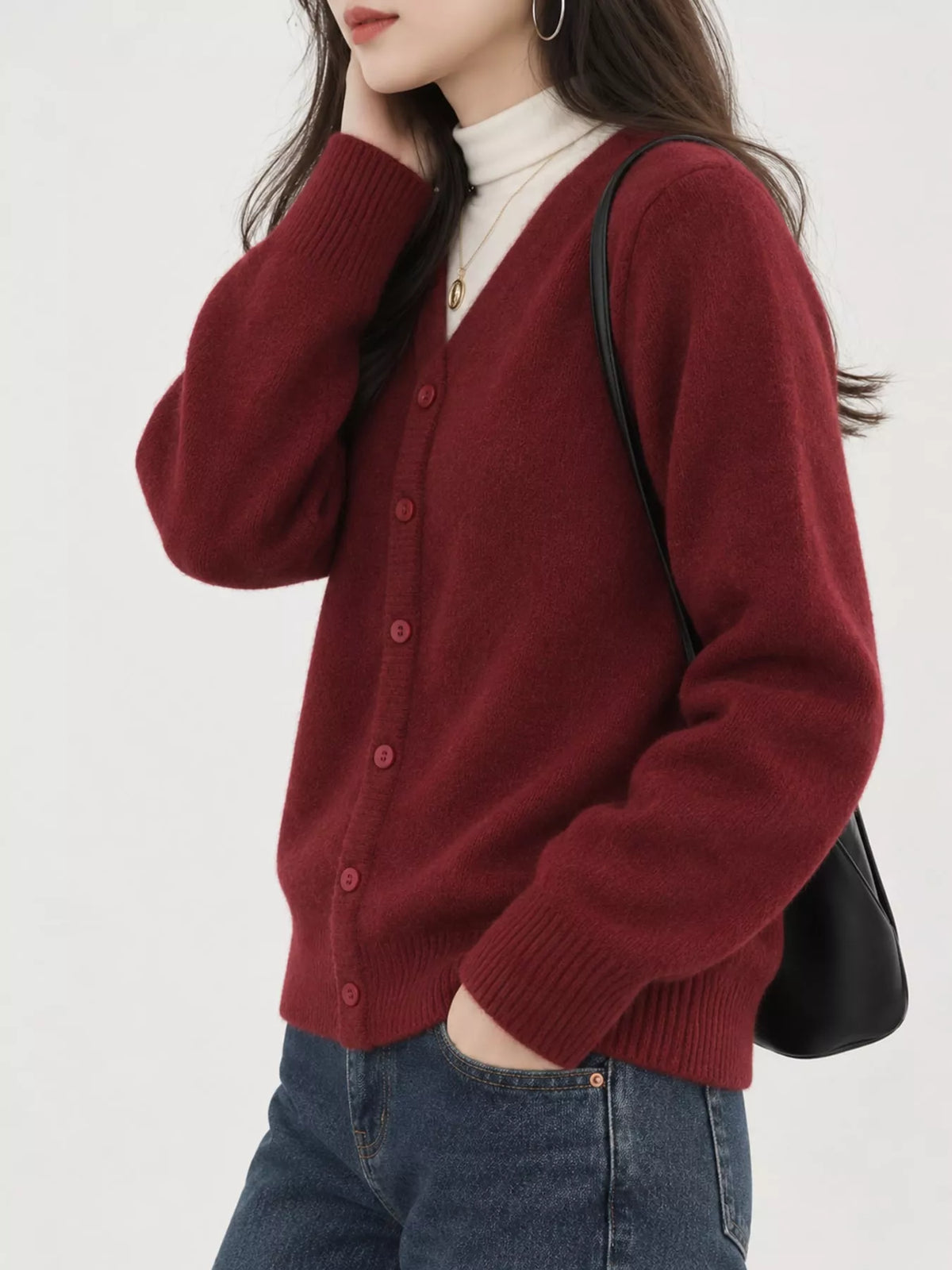 Women's Crew Neck Button-Down Knit Cardigan in burgundy — side view
