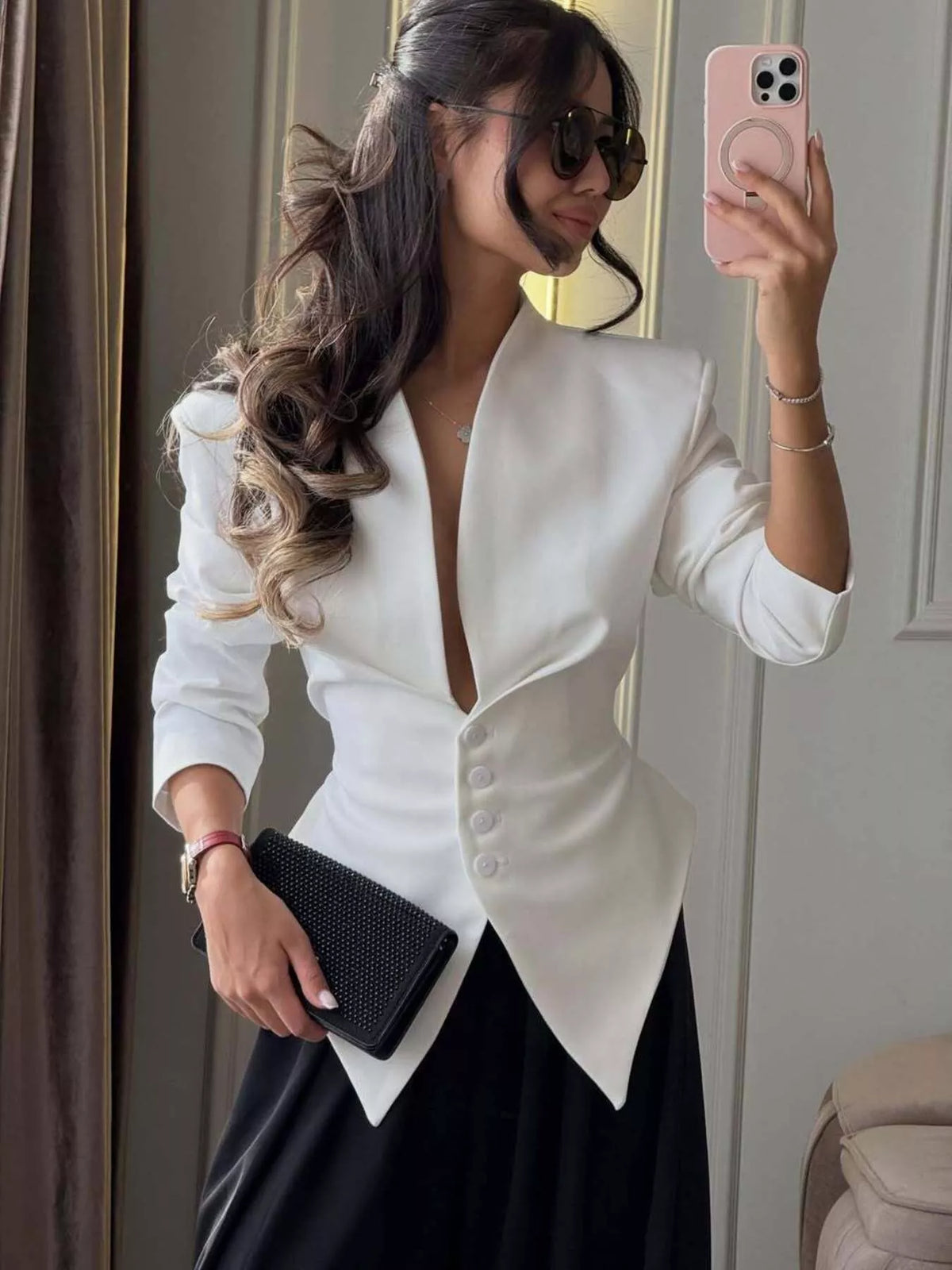 V-neck long sleeve blazer, front view on model
