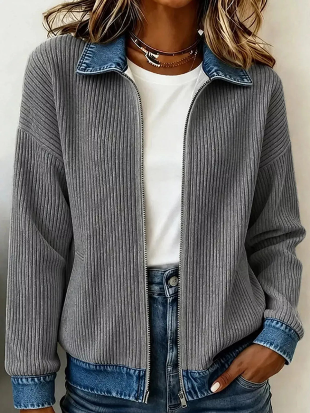 Gray denim-collar ribbed knit zip-up jacket — front view