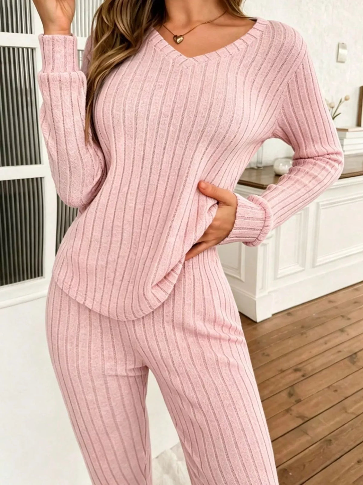 Ribbed Knit Long Sleeve Top and Pants Loungewear Set — front view