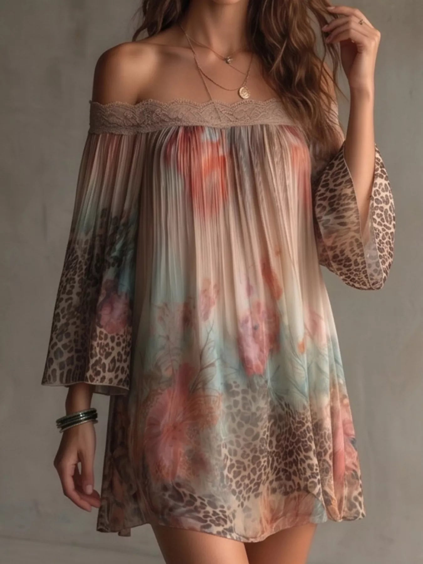 Trendsi Off-Shoulder Lace-Trimmed Floral and Leopard Print Mini Dress -