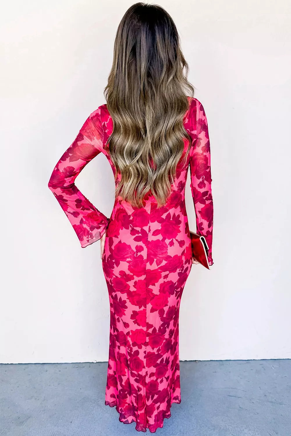 Trendsi Floral Print Cuff Hem Serging Long Sleeve Sheath Dress -