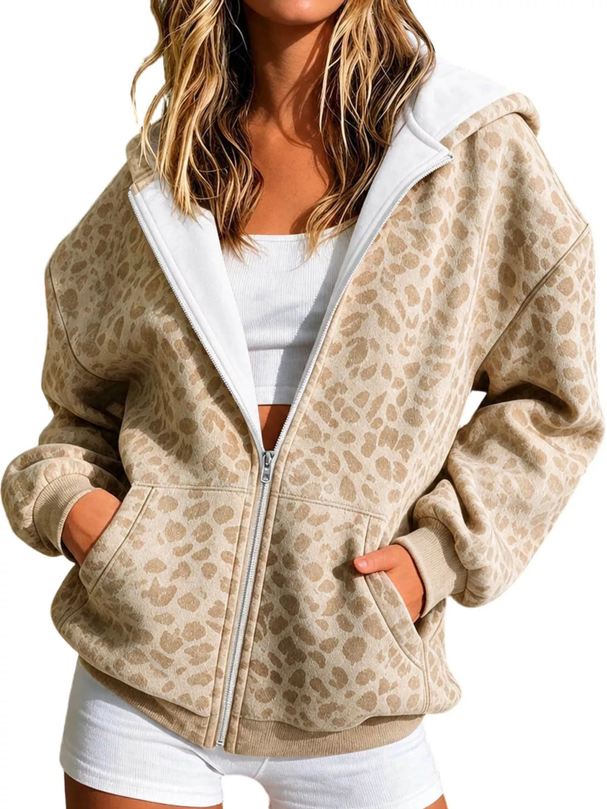 Women's Leopard Zip Up Hoodie in beige — front view