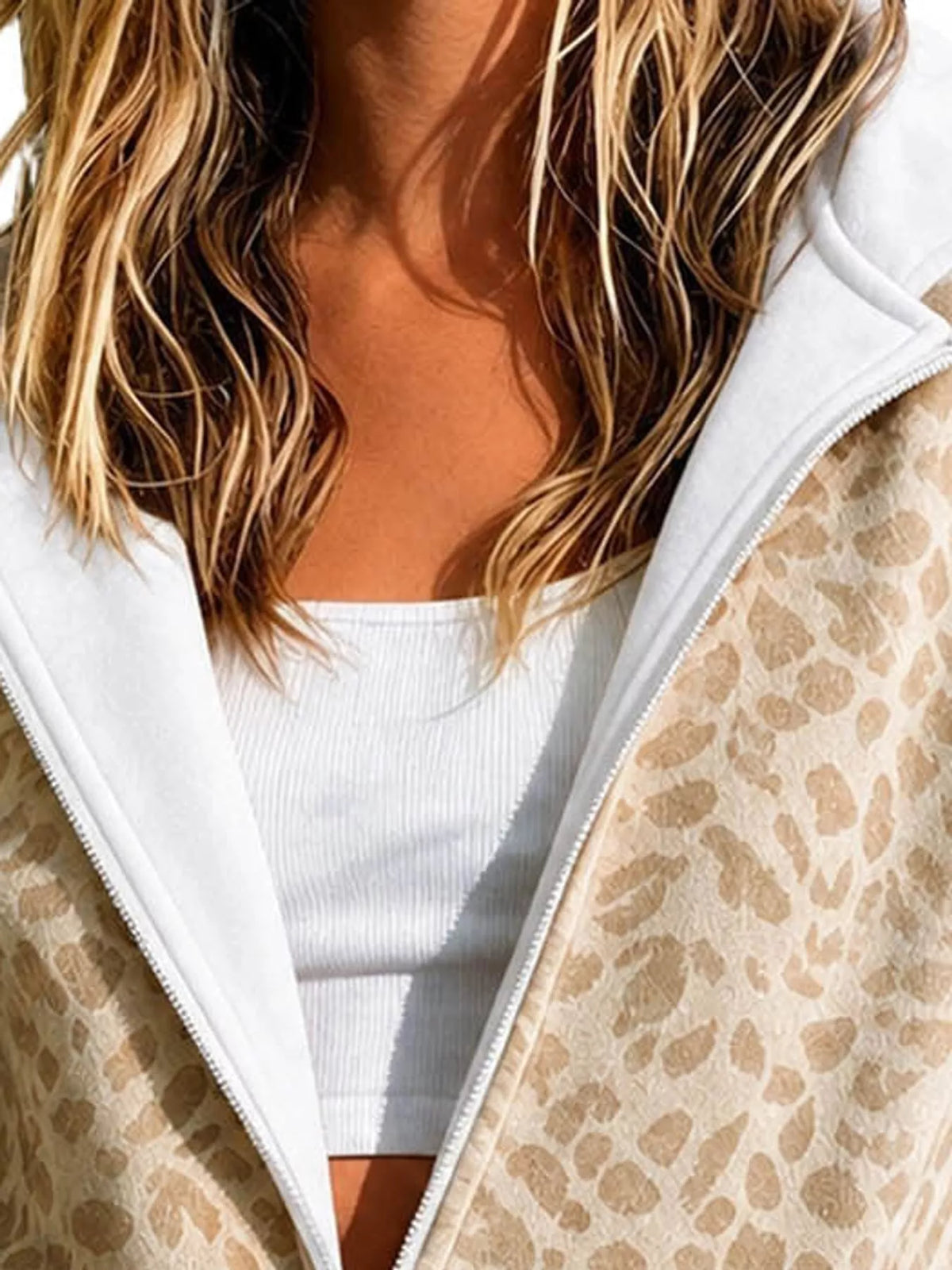 Women's Leopard Zip Up Hoodie in beige — neckline detail view