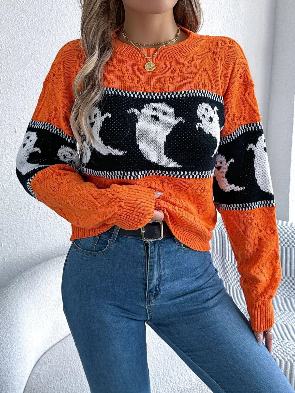 Halloween Ghost Pattern Textured Sweater in orange, front view