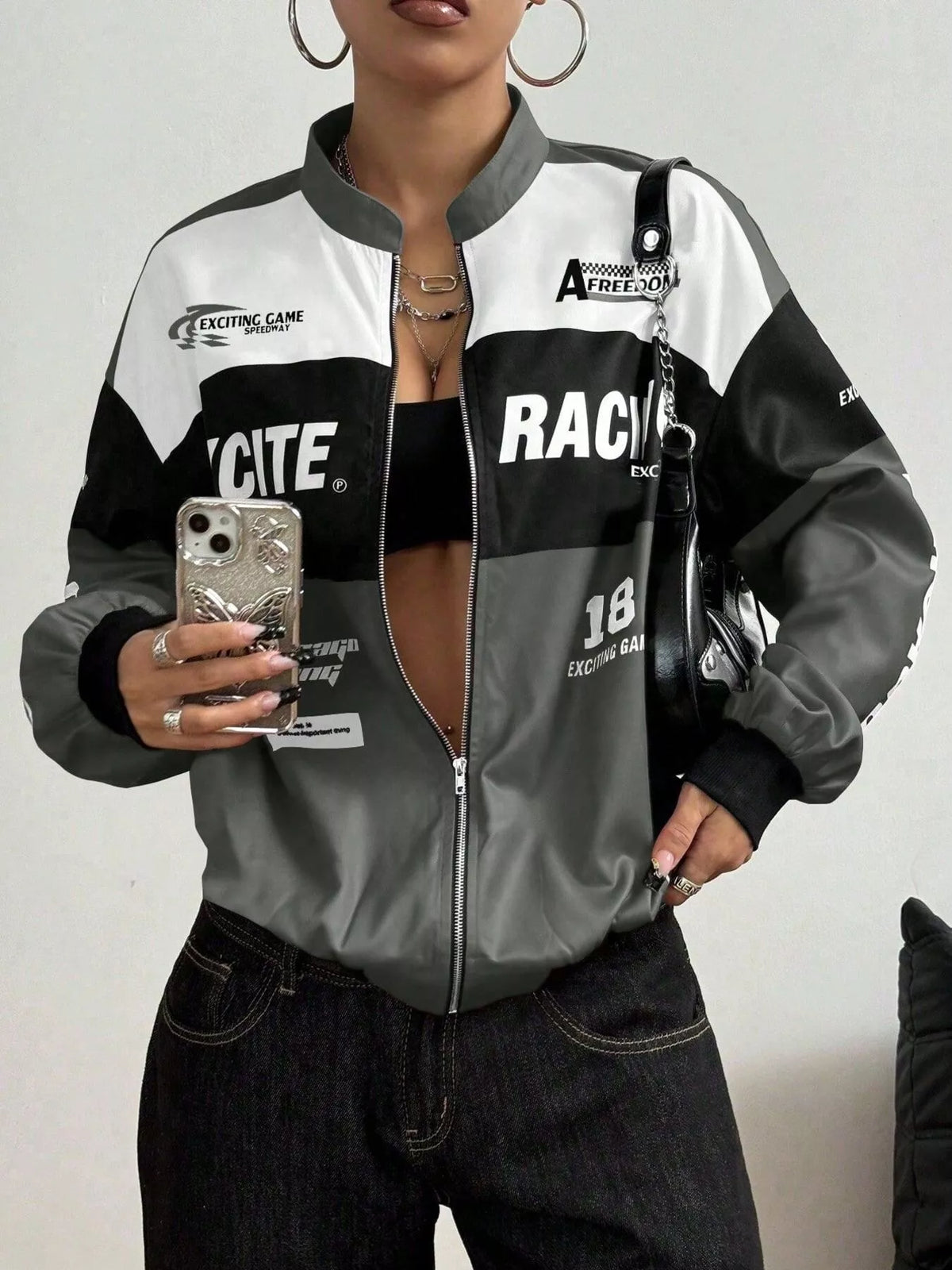 Gray and white letter-print zip-front jacket, open front mirror view