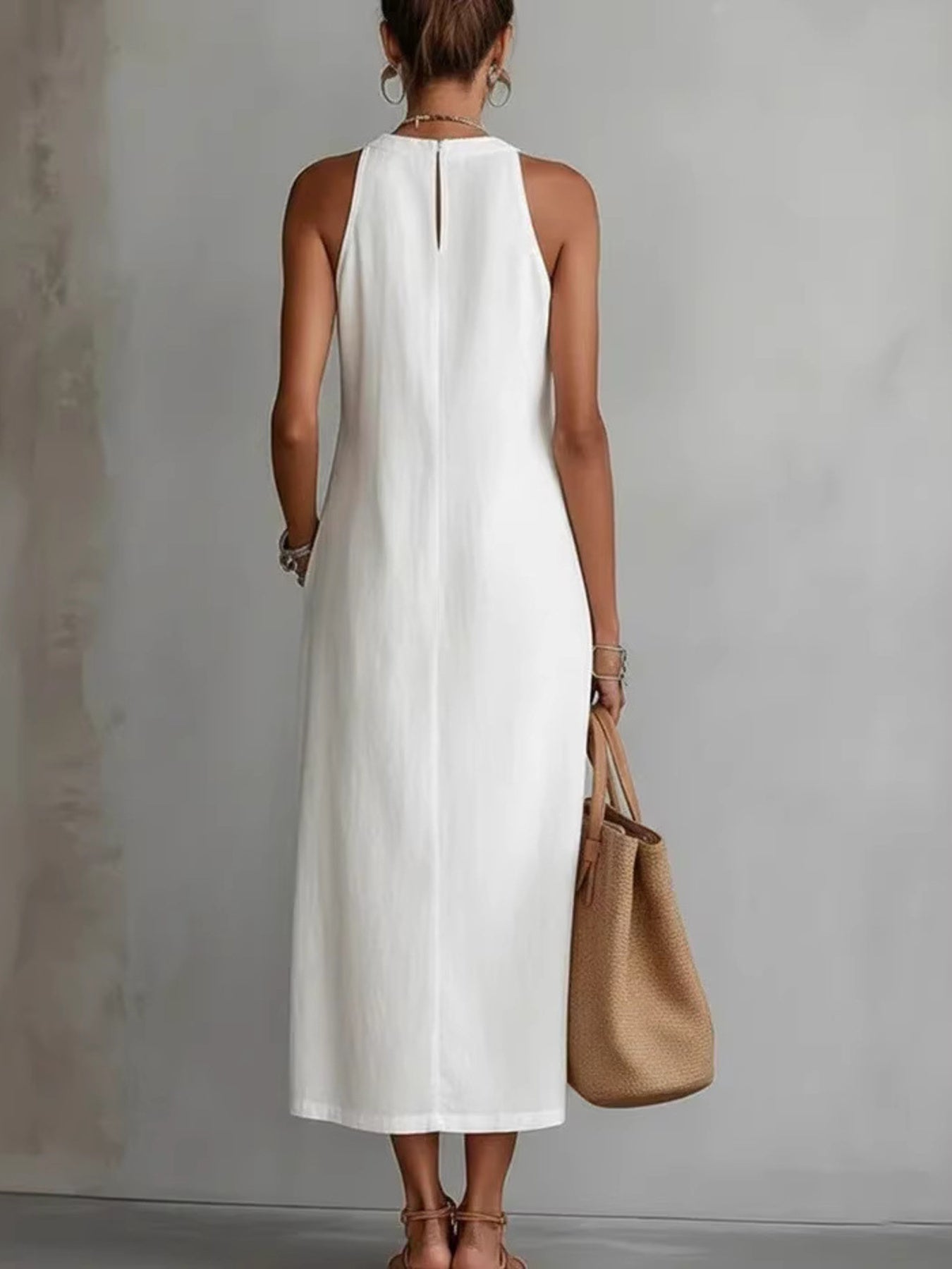 Trendsi Side Slit Sleeveless Hollow-Out Trimmed Midi Dress -