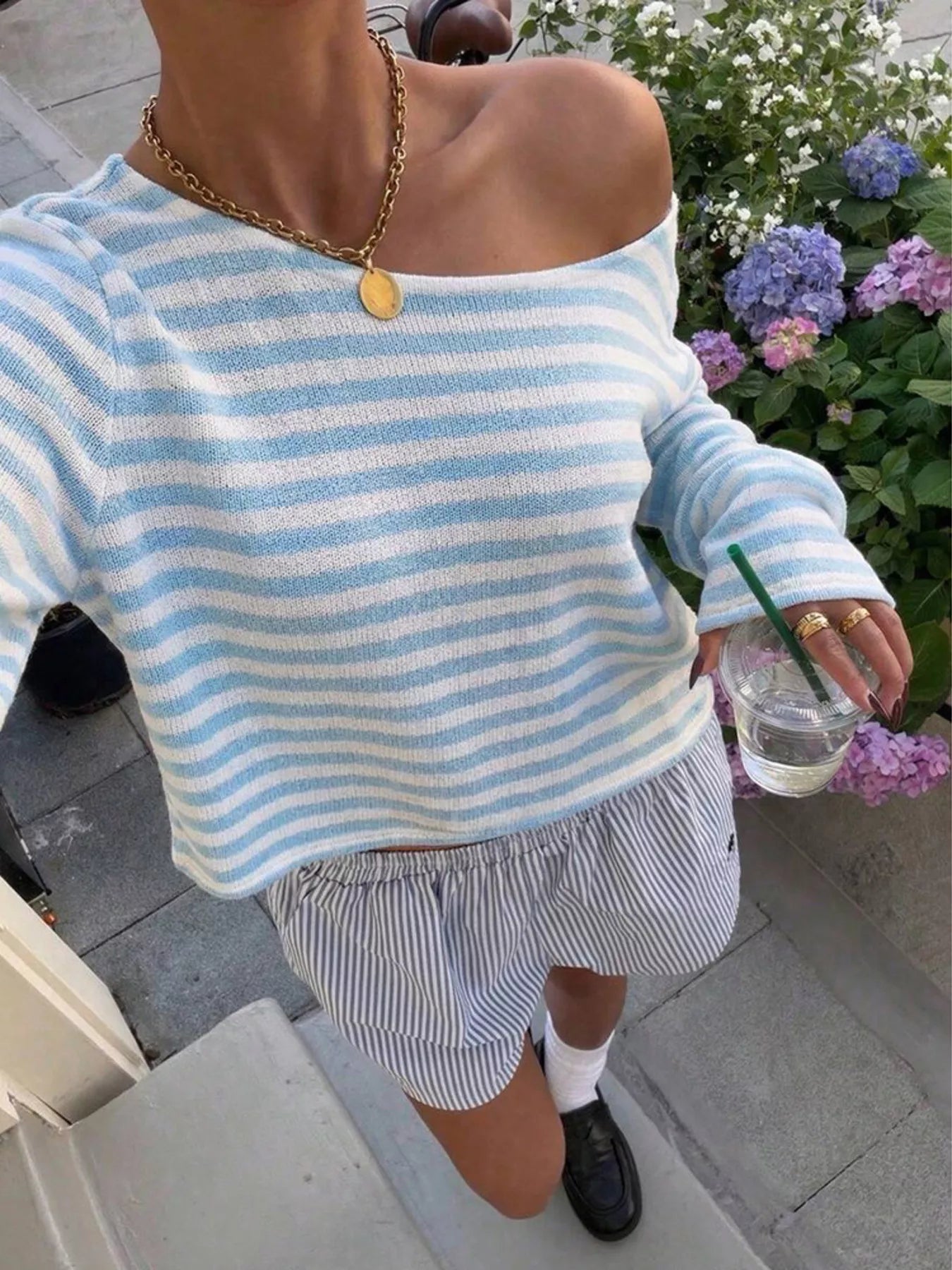 Trendsi Boat Neck Striped Long Sleeve T-Shirt -