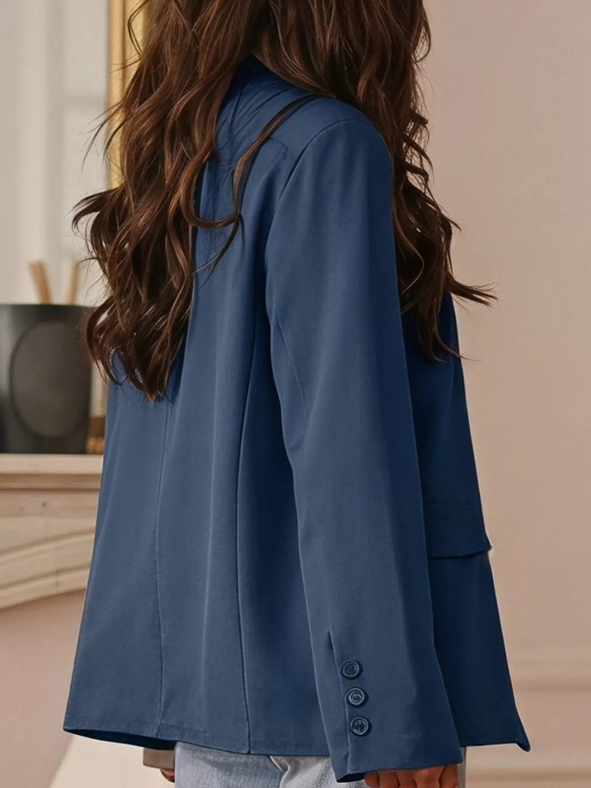 Asymmetric Button-Front Blazer, back view in blue
