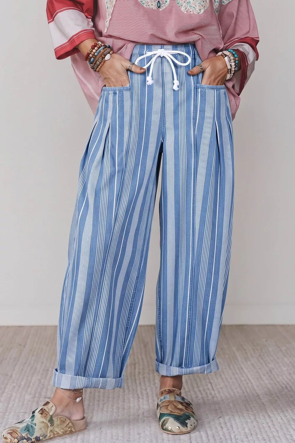 Striped High-Waisted Barrel Jeans in blue, front view