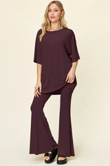 Trendsi Double Take Full Size Round Neck Drop Shoulder T-Shirt and Flare Pants Set - Pants
