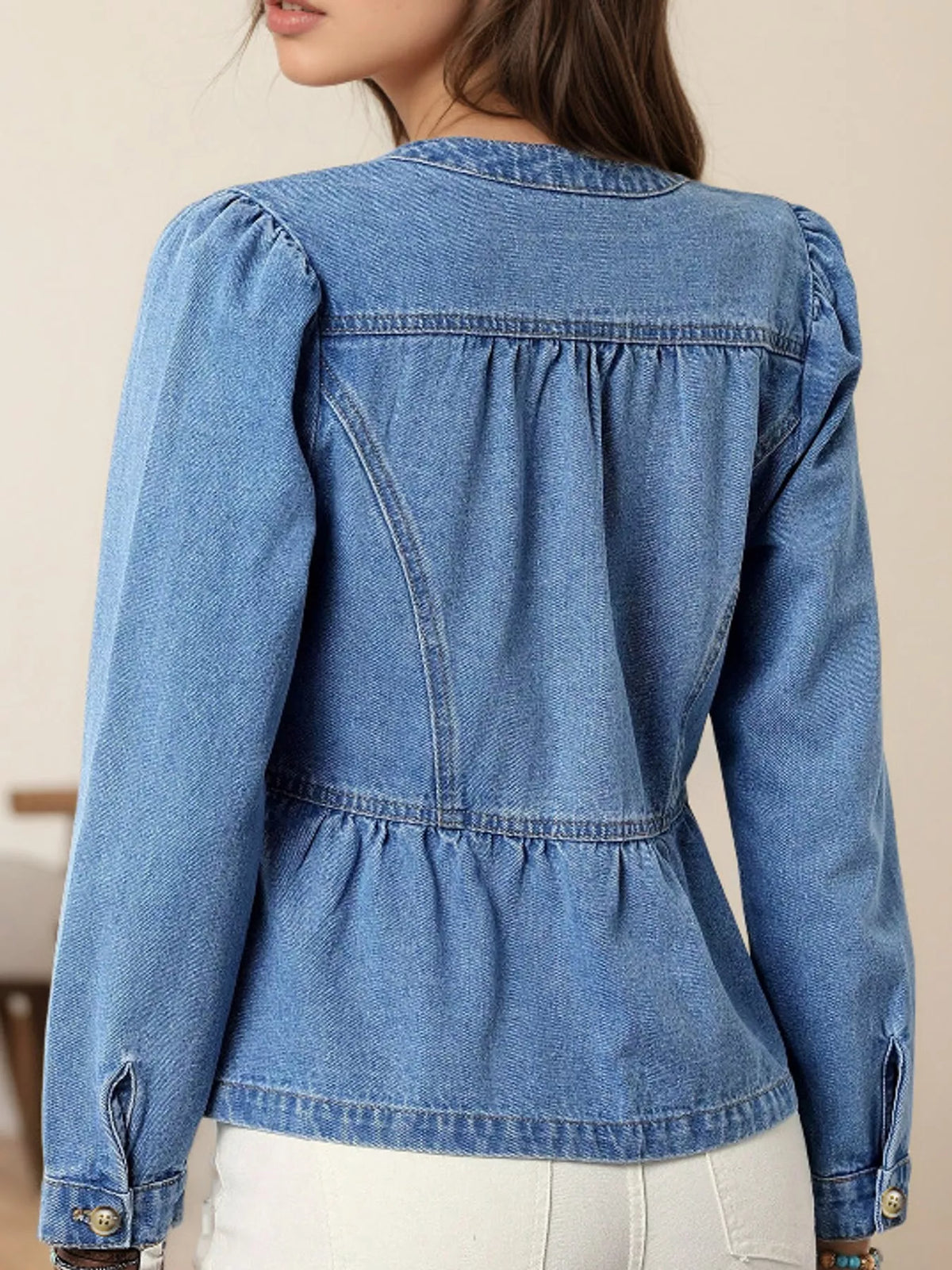 Women's Button Up Peplum Denim Shirt in blue — back view