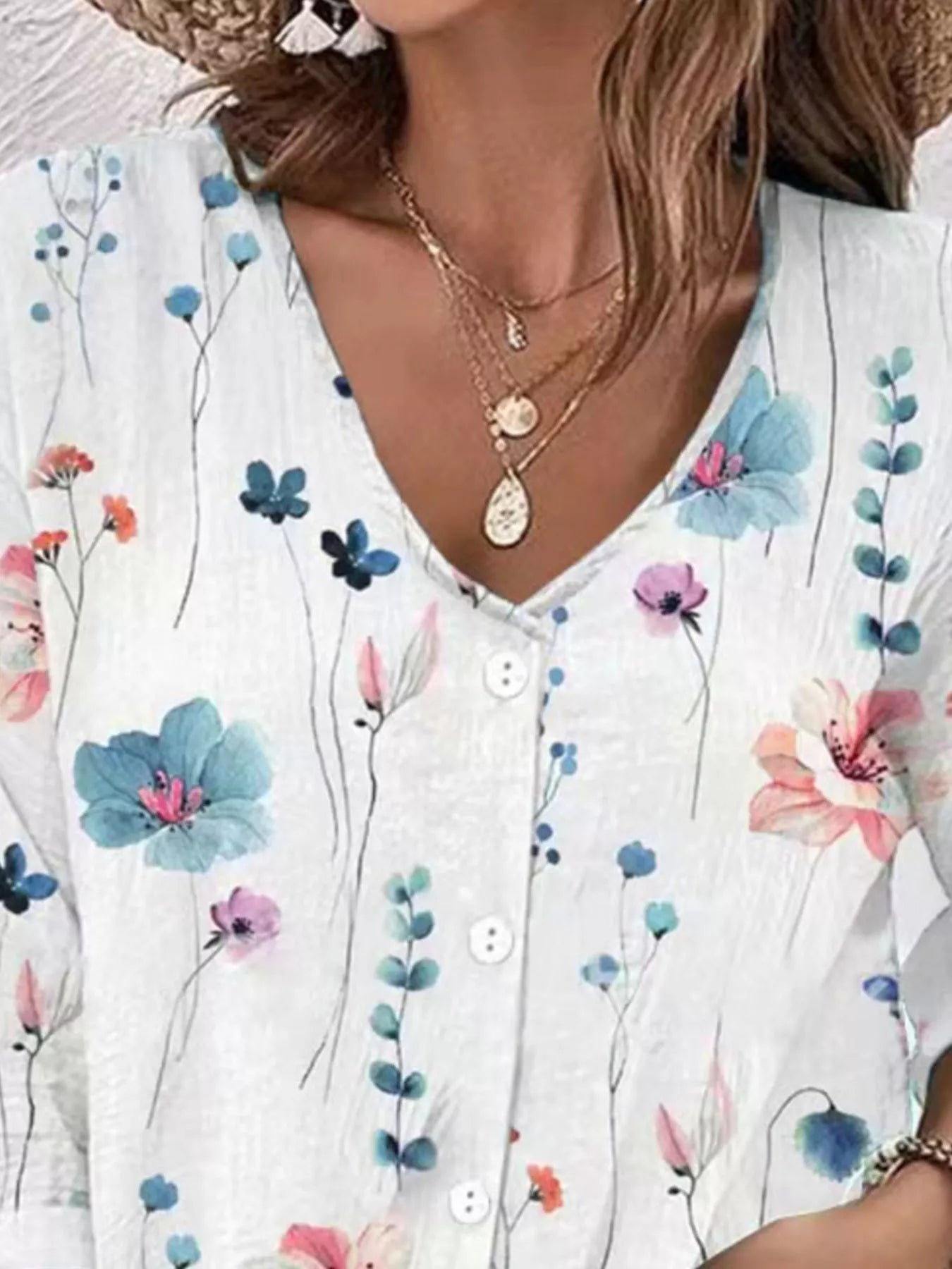Trendsi Floral Print V-Neck Button-Down Shirt -