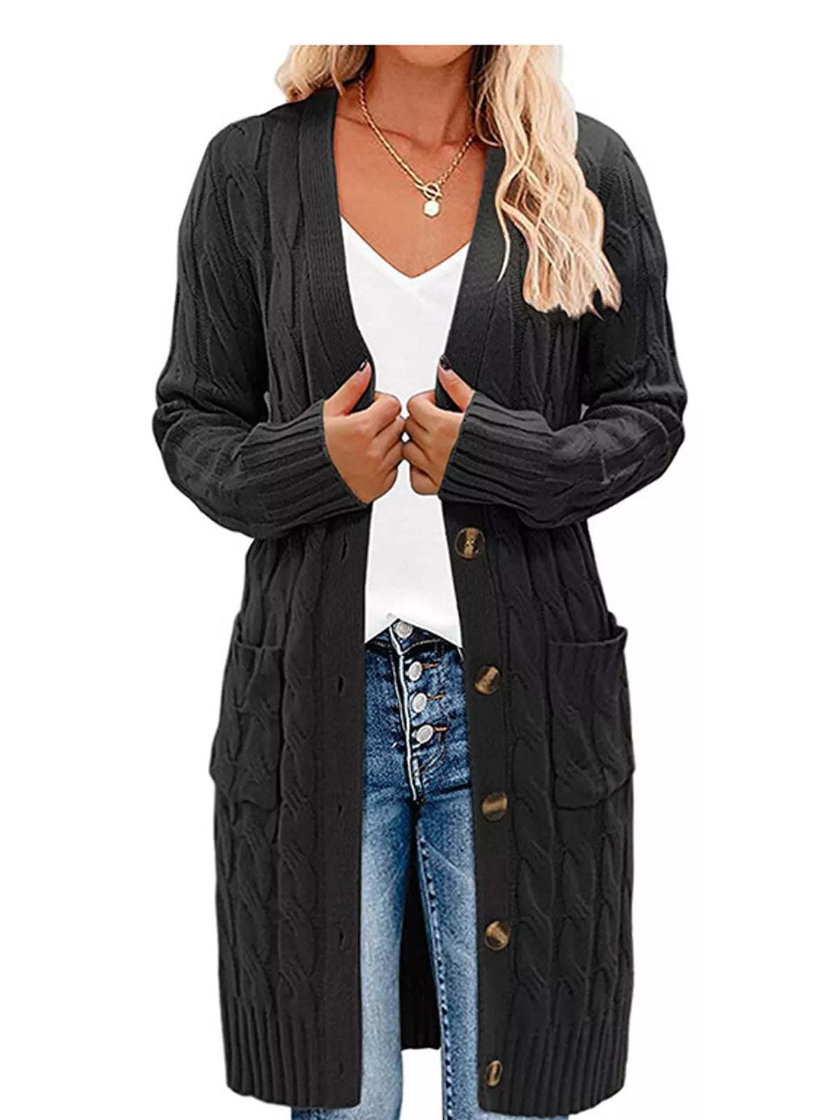 Cable Knit Button-Down Cardigan with Pockets — front view