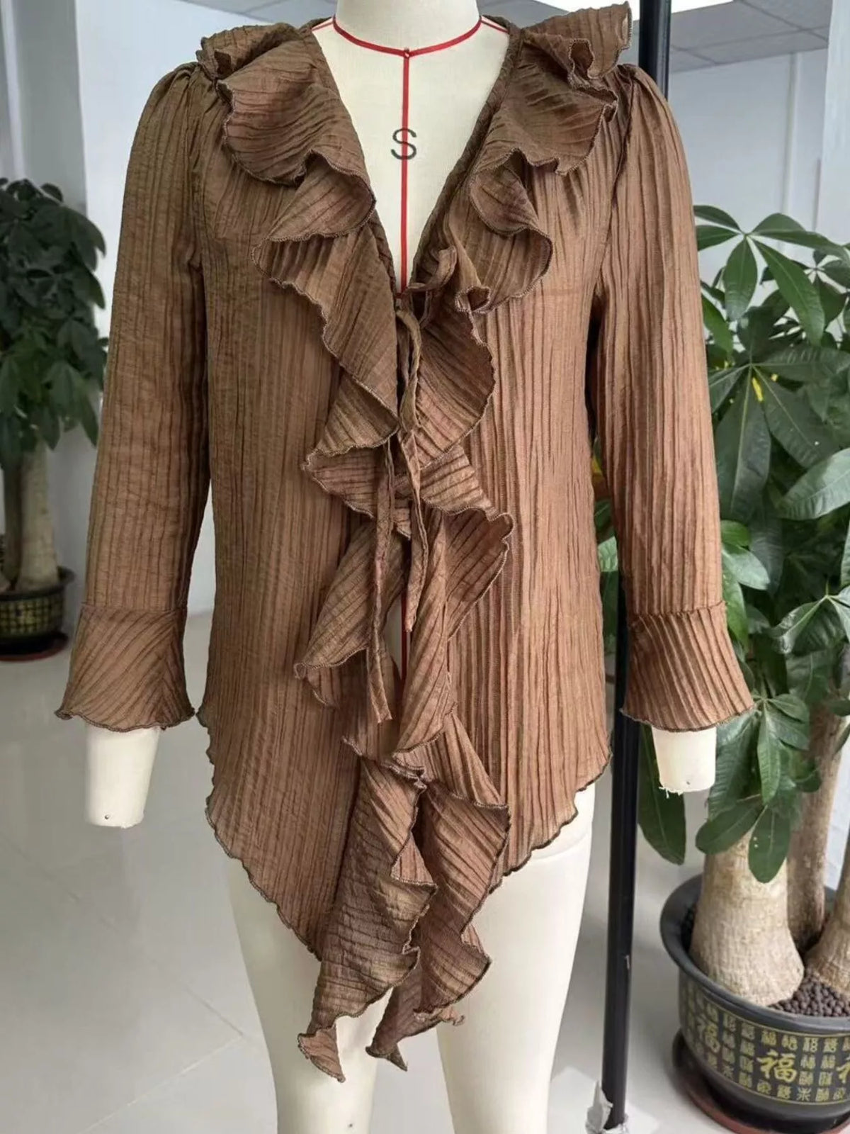 Brown Ruffled Tie Neck Long Sleeve Blouse close-up view