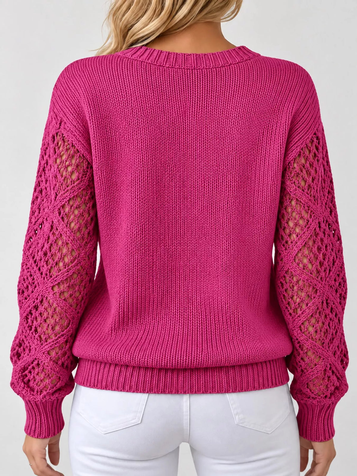 Fuchsia v neck openwork long sleeve sweater, back view