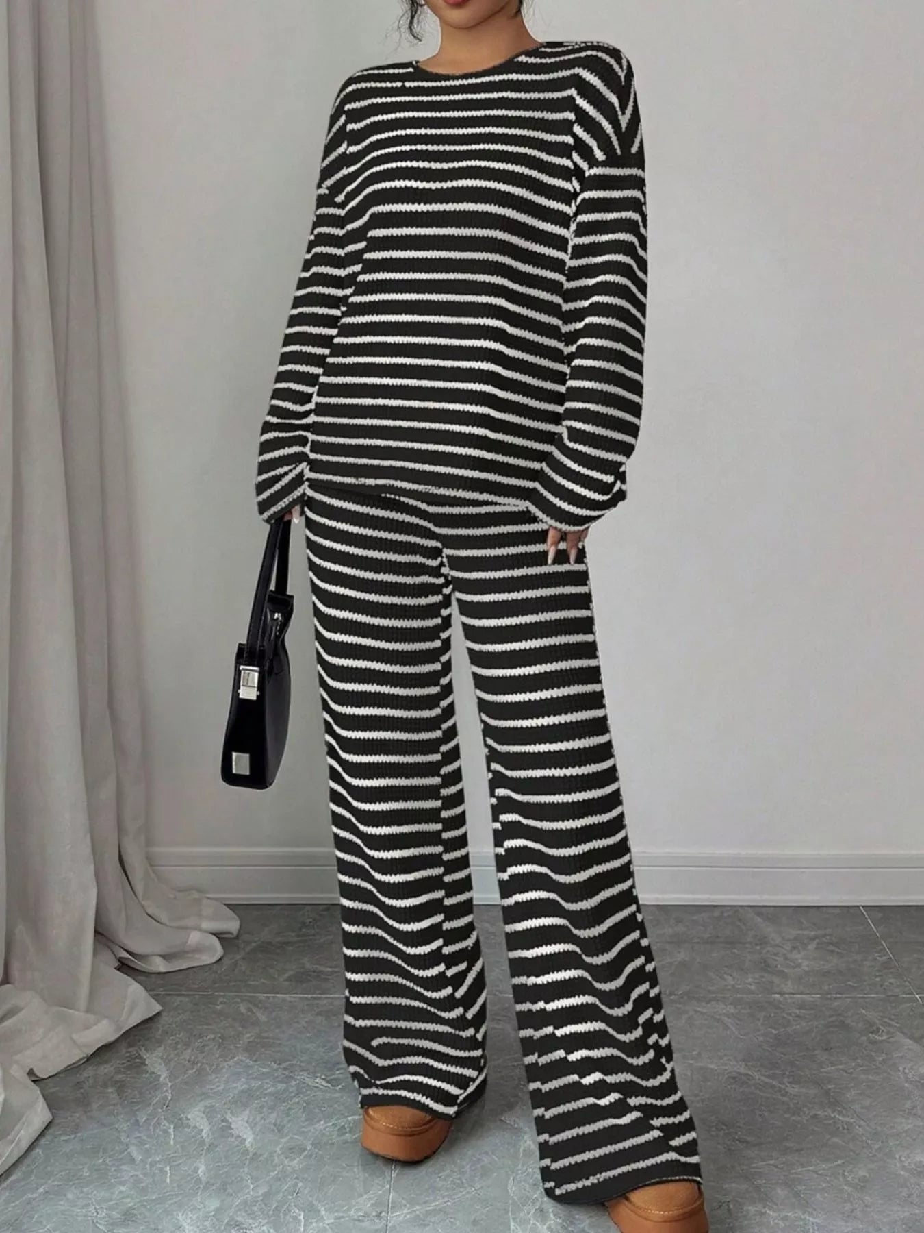 Trendsi Striped Knit Dropped Shoulder Top and Pants Set -