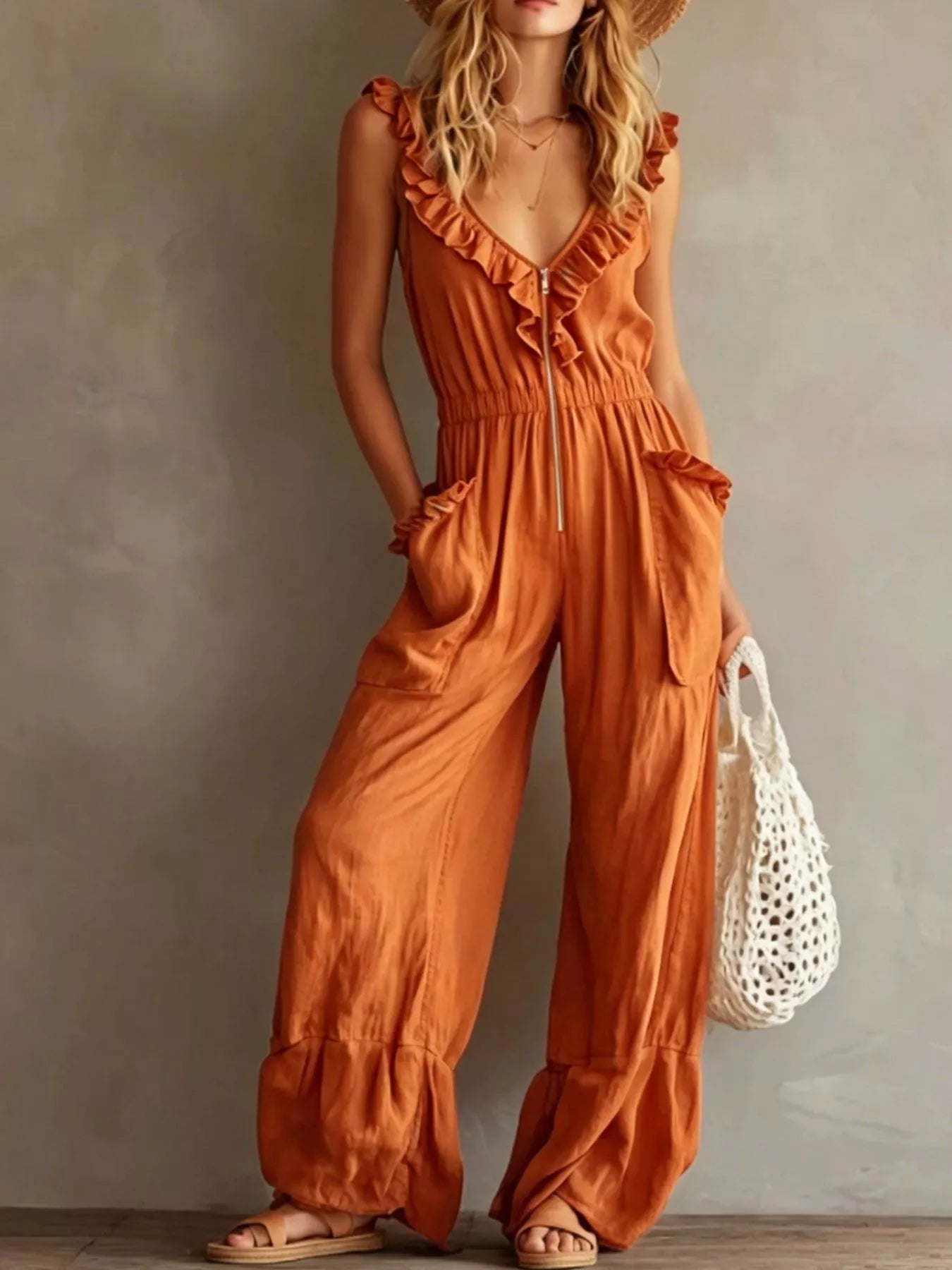 Trendsi Ruffled V-Neck Wide Leg Jumpsuit -