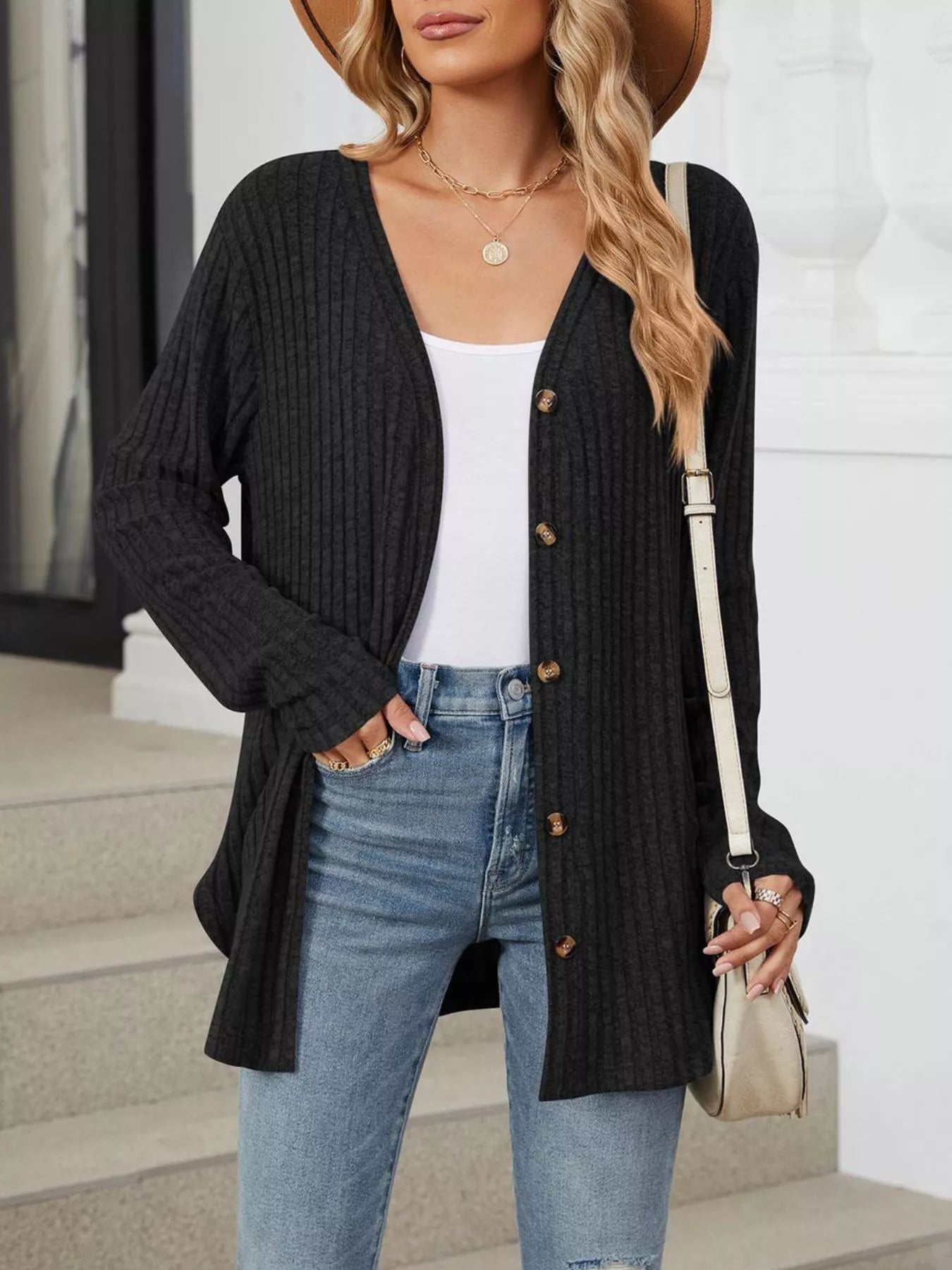 Trendsi Ribbed Button-Up Cardigan -