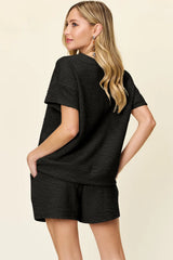 Trendsi Double Take Full Size Texture Short Sleeve T-Shirt and Drawstring Shorts Set -