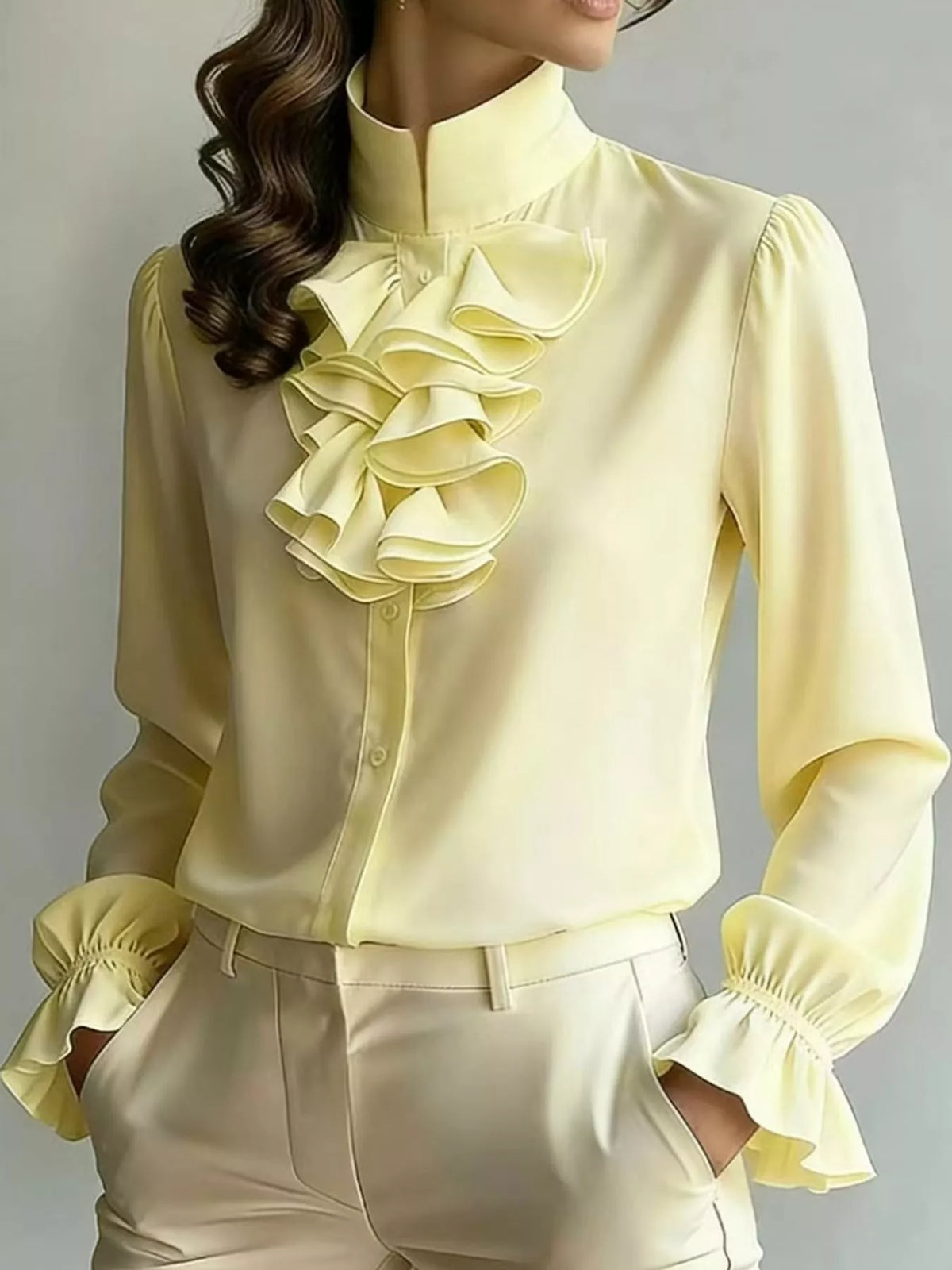 Ruffled Stand-Collar Blouse with Long Lantern Sleeves, front view