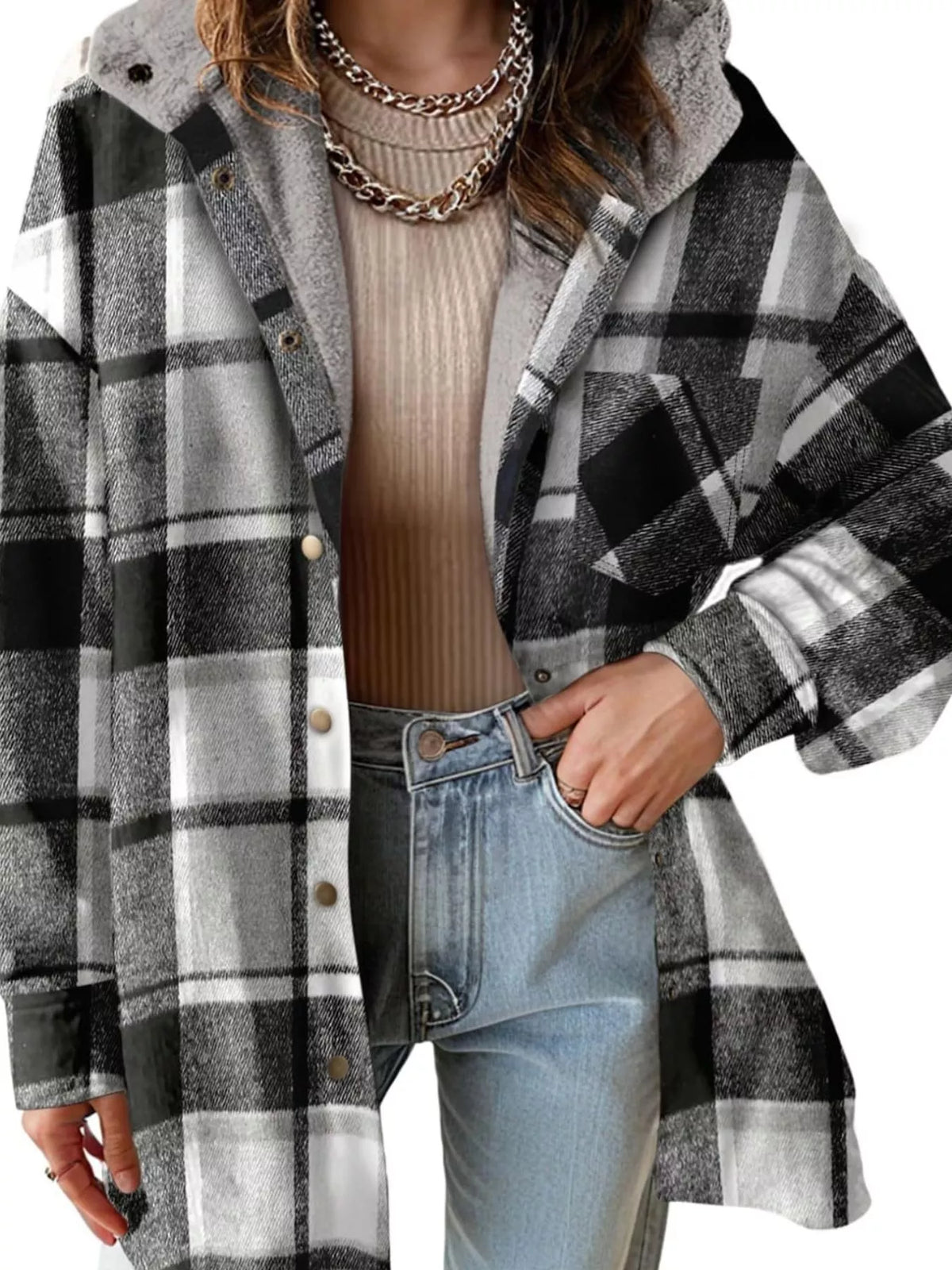 Black plaid hooded button up jacket