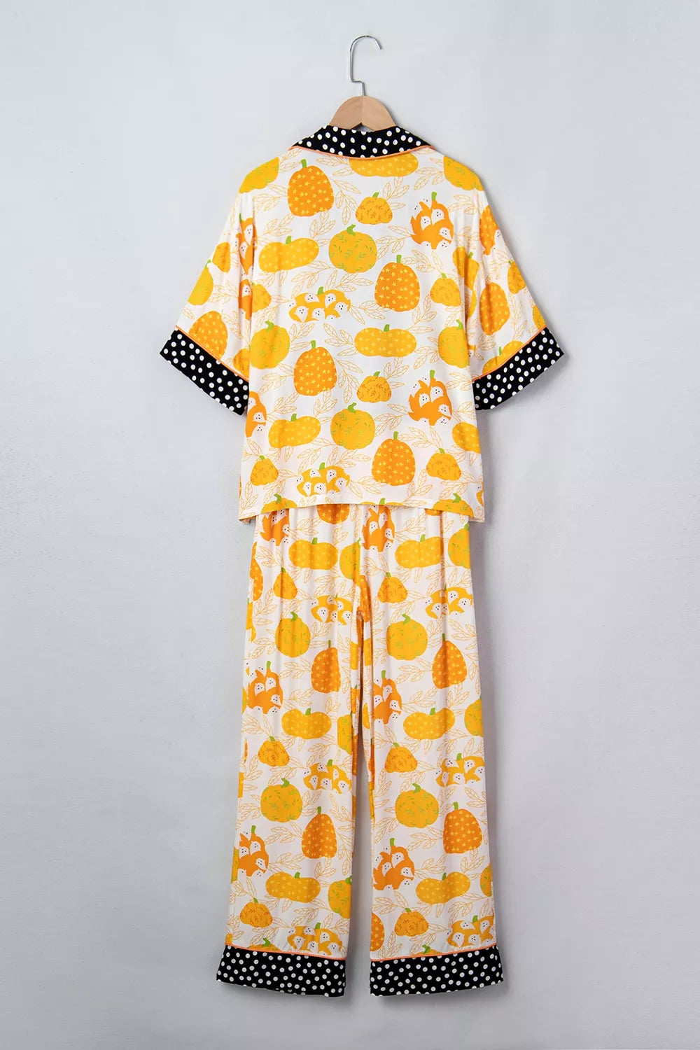 Trendsi Short Sleeve Pumpkin Print Polka Dot Trim Pocket Placket Lounge Set -