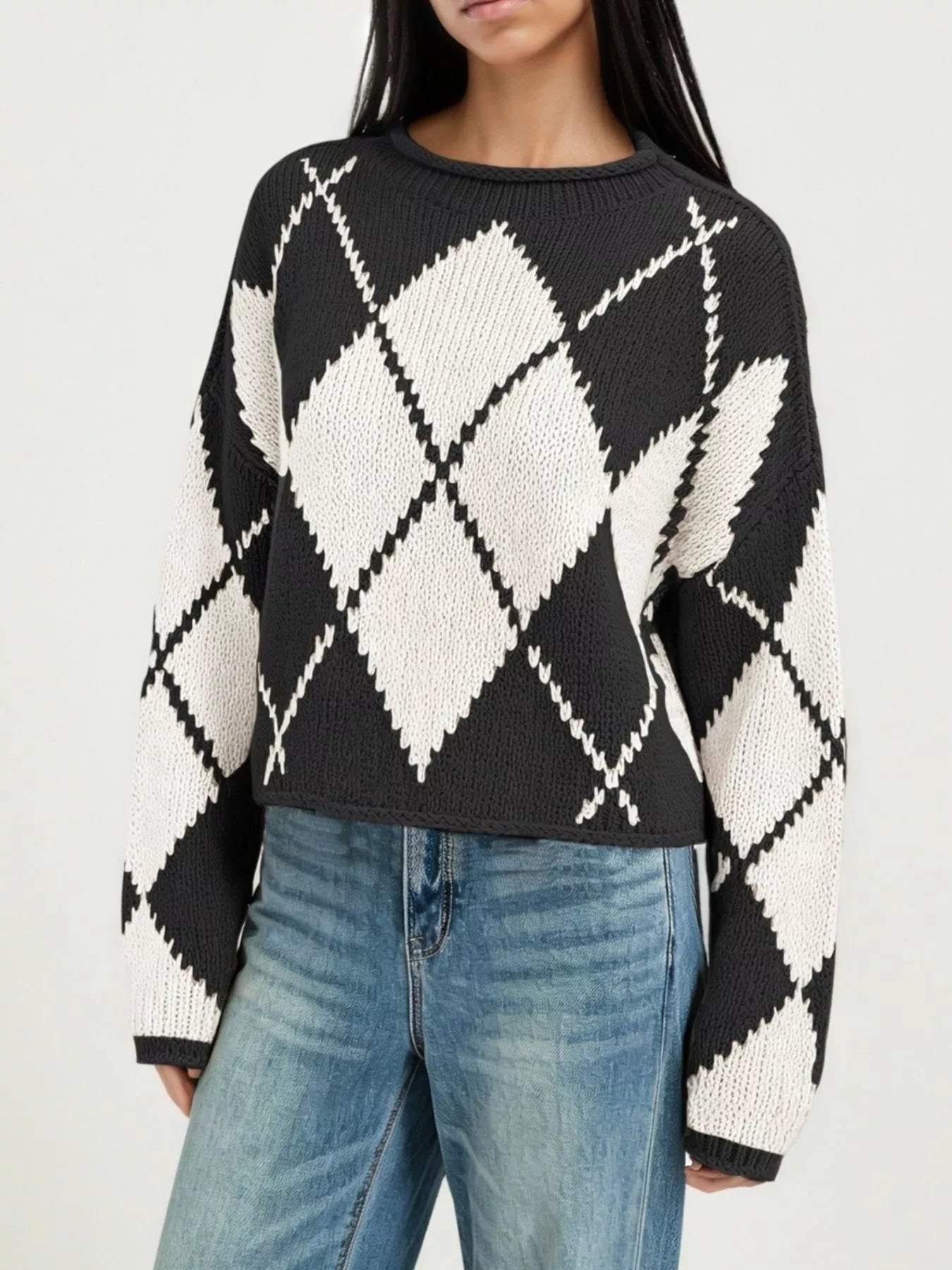 Trendsi Argyle Pattern Knit Dropped Shoulder Sweater -