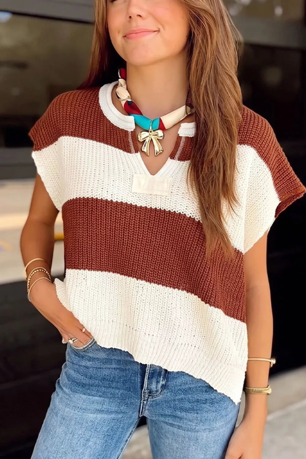 Trendsi Striped Colorblock Knit Short Sleeve Loose Sweater -