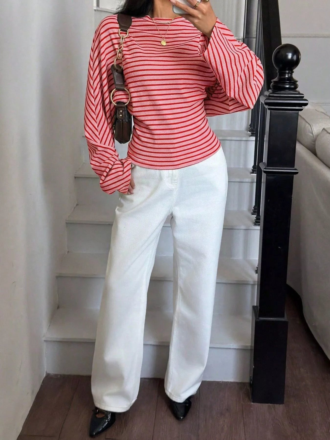 Trendsi Casual Striped Batwing Sleeve T-Shirt -