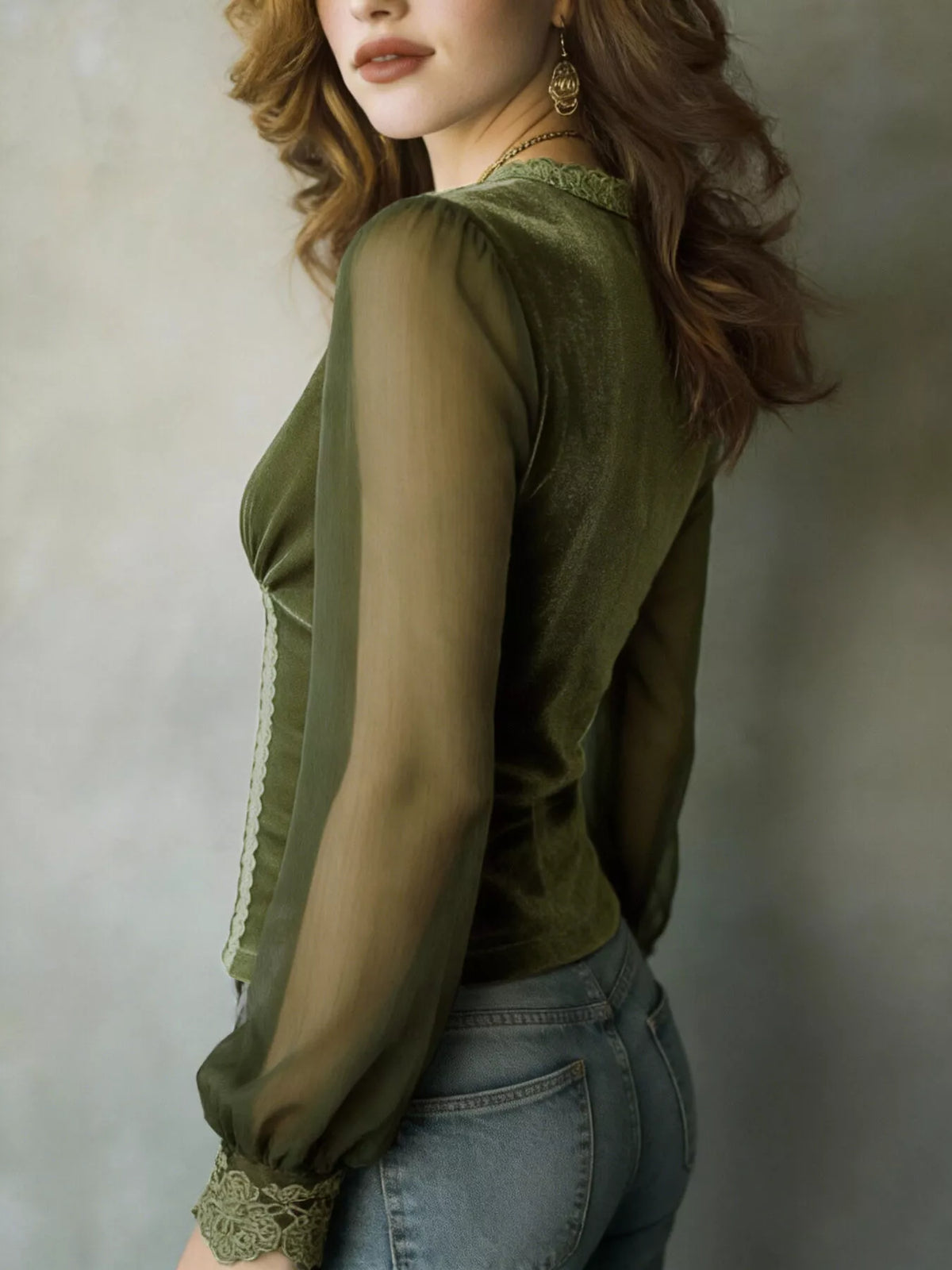 Dark green lace-trim blouse, side view