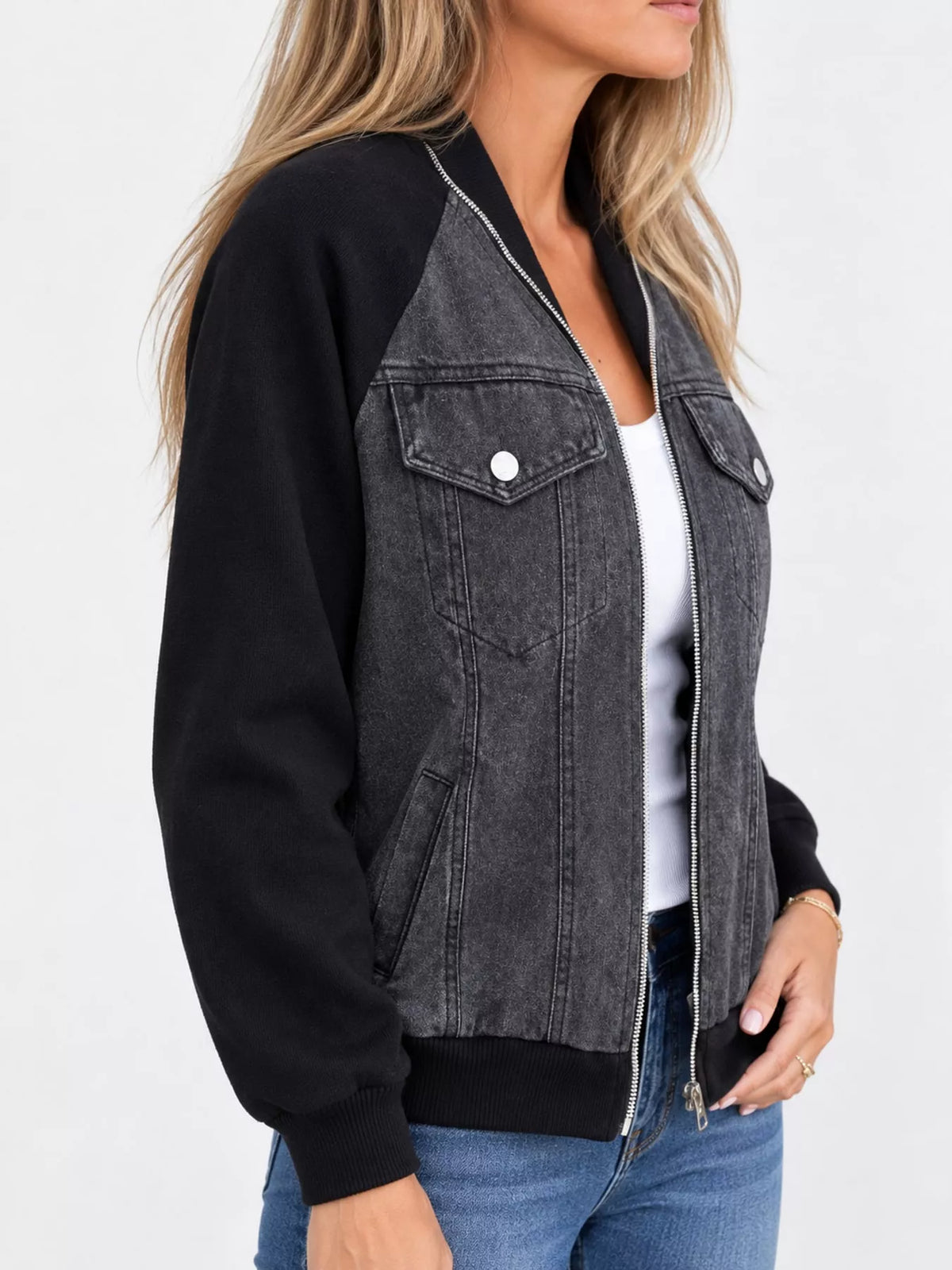 Contrast-Sleeve Zip-Up Denim Jacket — side view