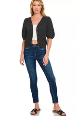 Trendsi Zenana Puff Sleeve Wool Sweater Cardigan -
