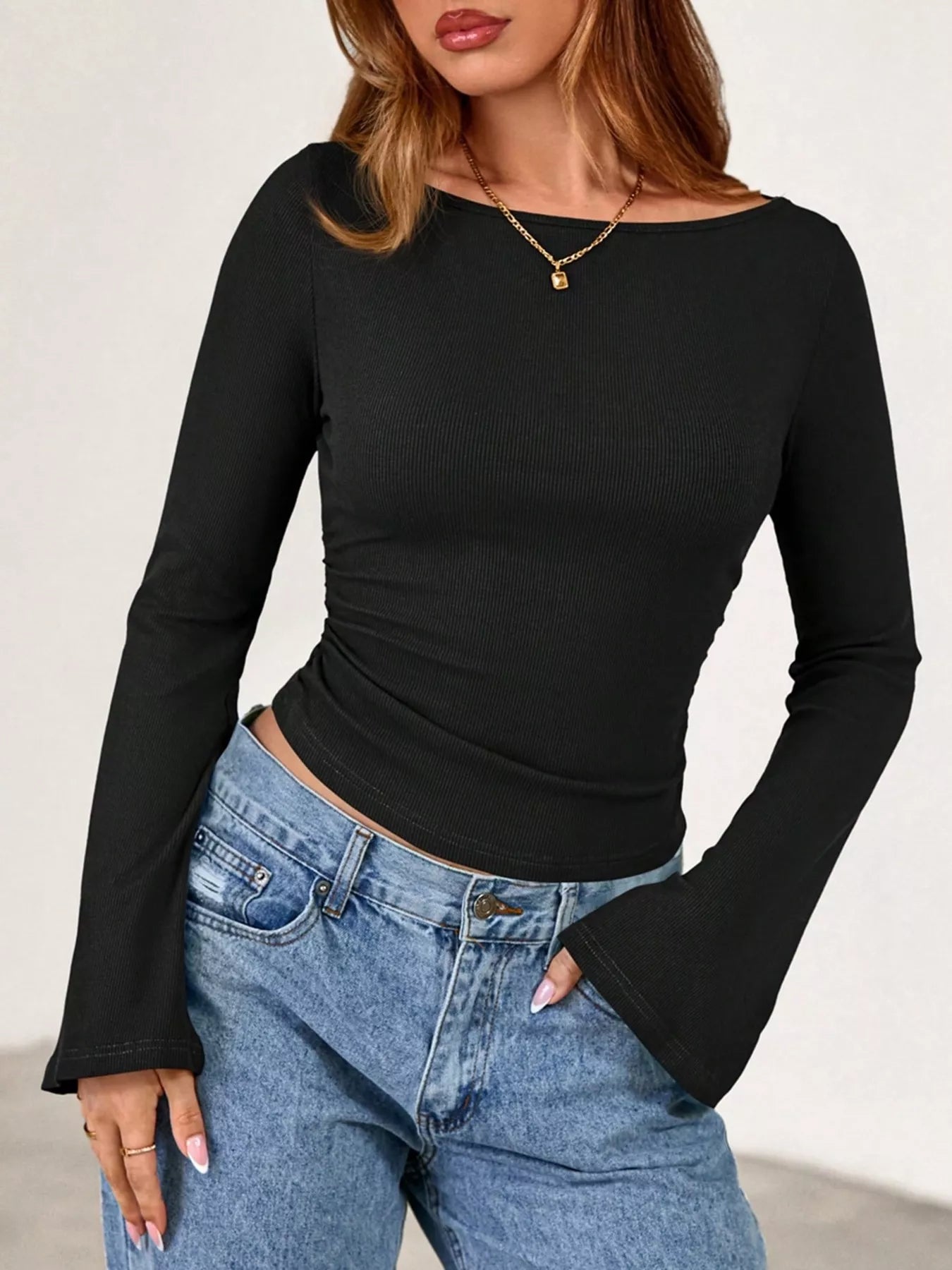 Trendsi Boat Neck Flare Sleeve T-Shirt -