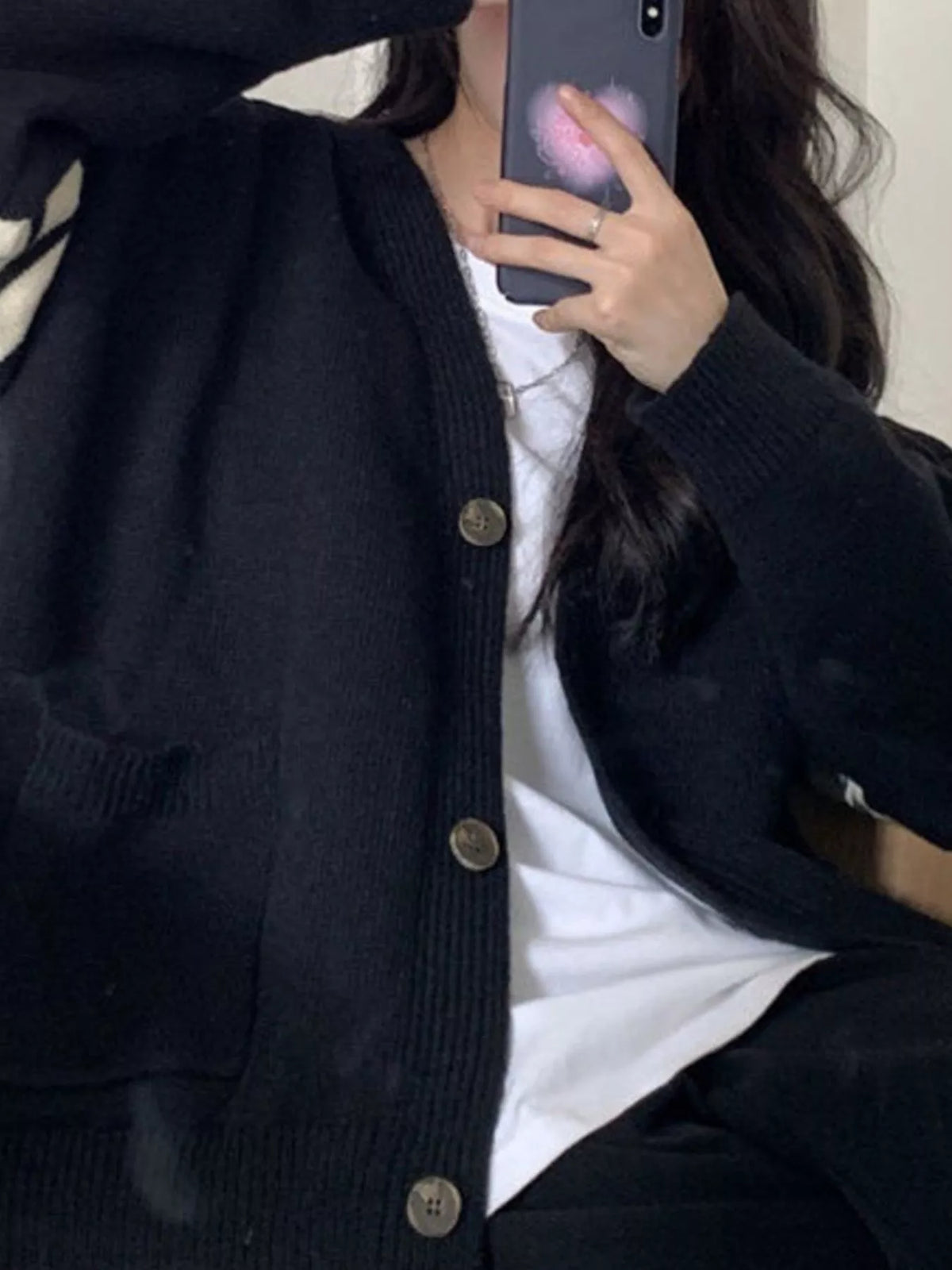 Stripes Long Sleeve V-Neck Cardigan, detail view in navy blue