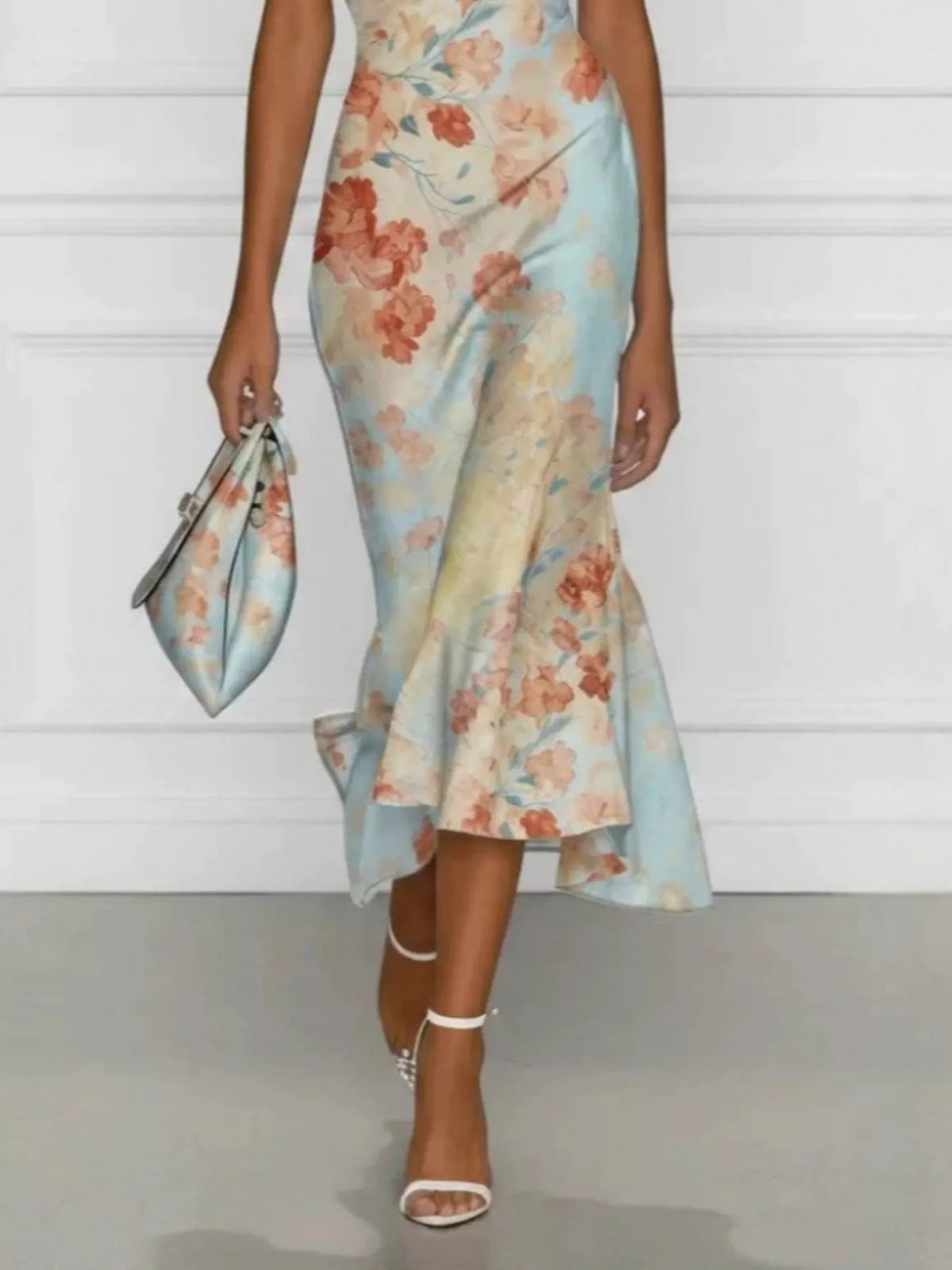Pastel floral floral off-shoulder midi dress, skirt and hem detail