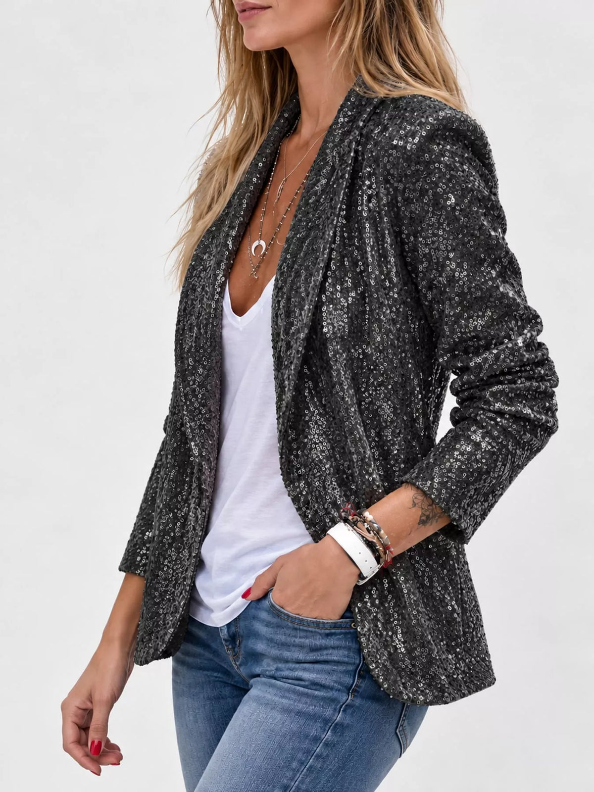 Sequin Open-Front Blazer in black