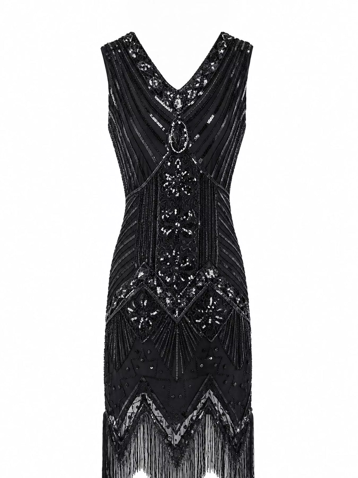 Black sequin fringe-hem dress, bodice detail