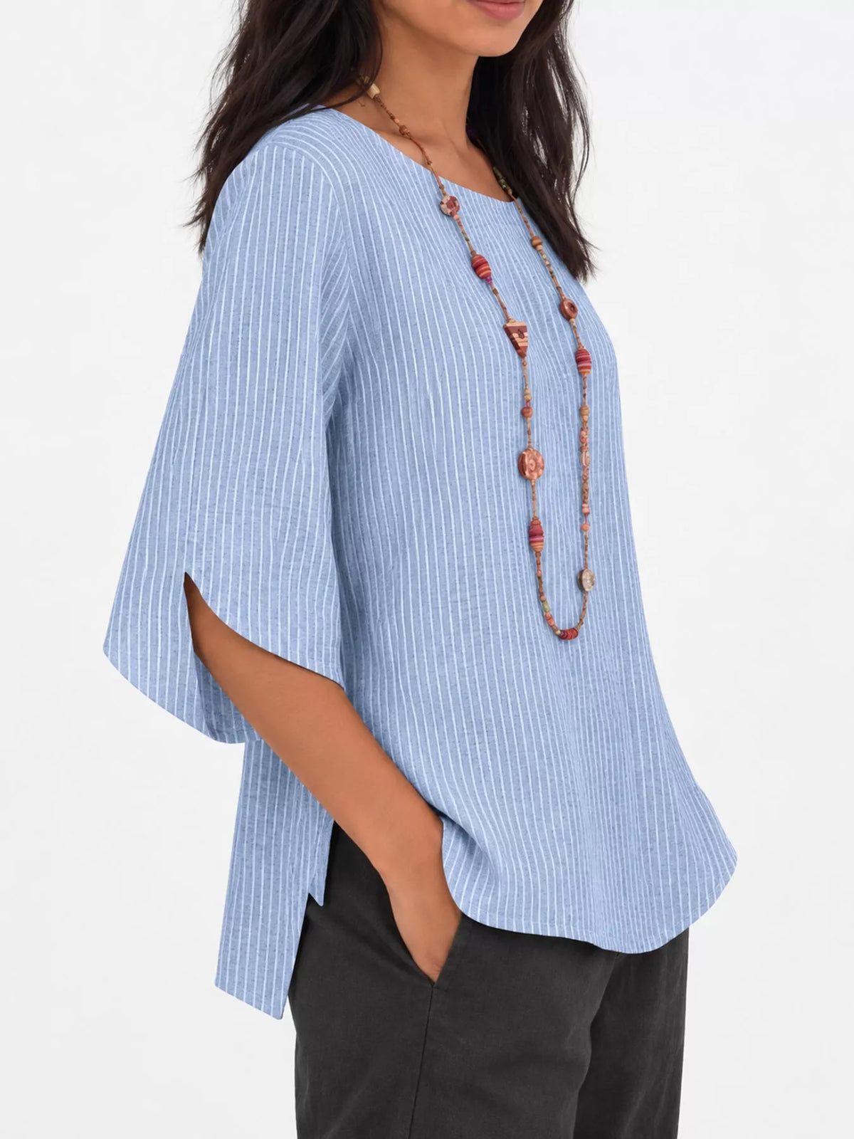 Sky Blue Striped Loose-Fit Blouse, sleeve detail