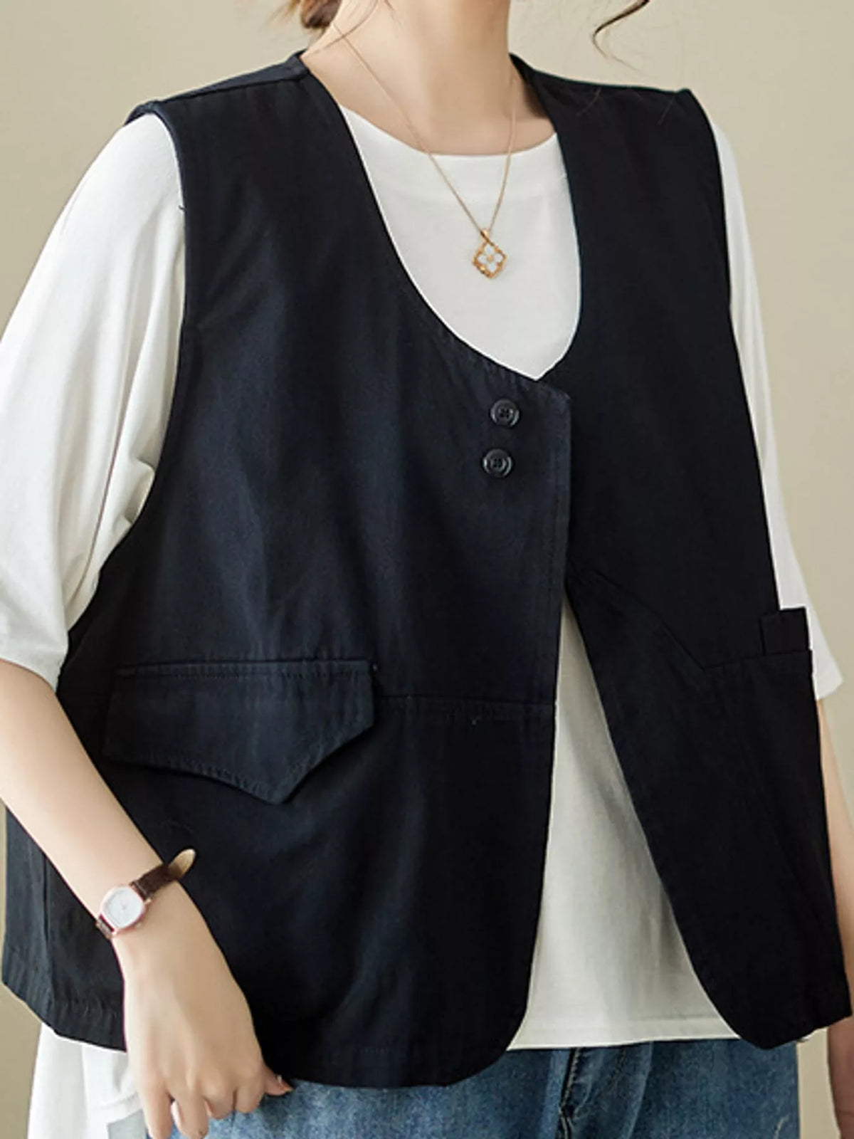Asymmetric Button Closure Utility Vest Coat in black