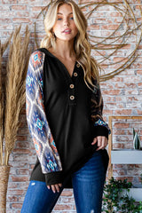 Trendsi Heimish Half Button Printed Long Sleeve Hooded Top - Shirts