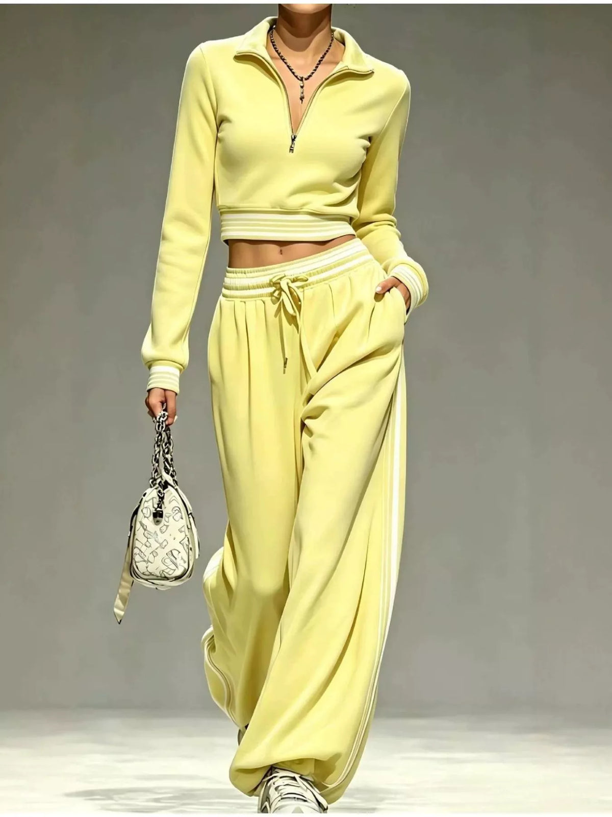 Yellow half-zip crop top and pants set, full front view