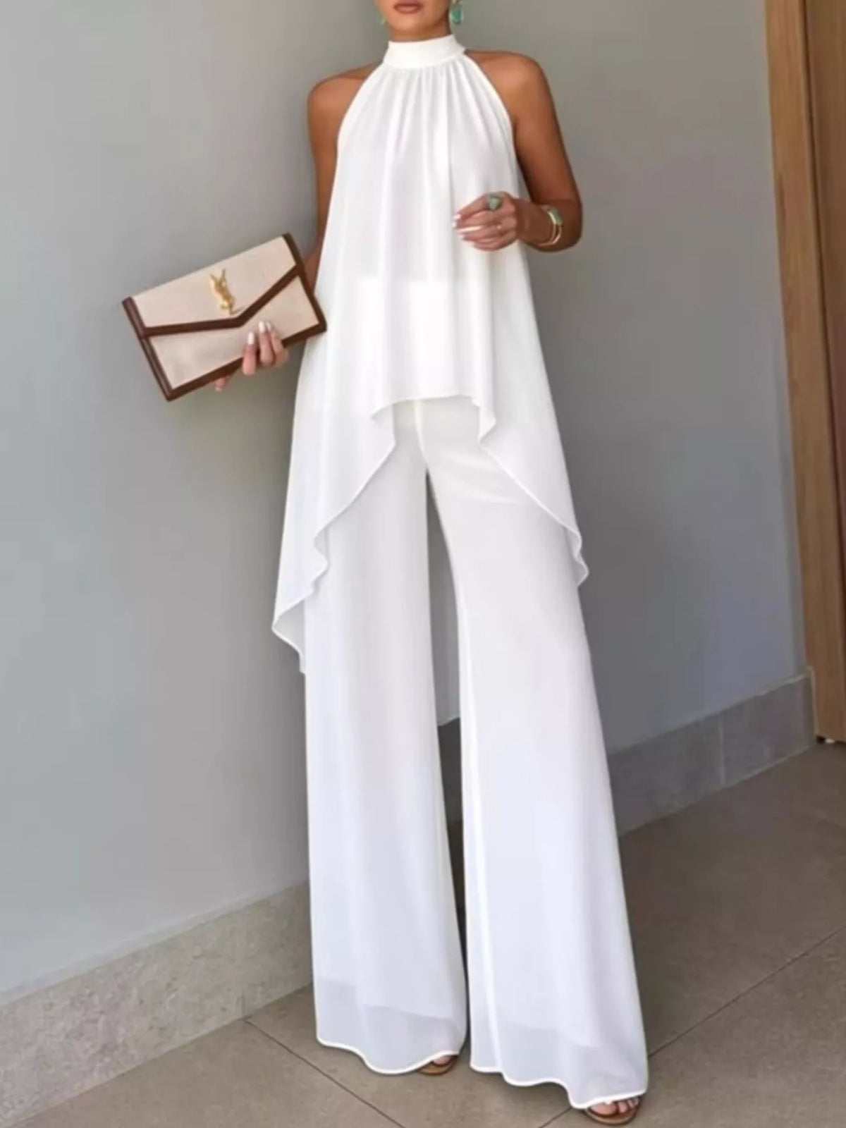 White High-Low Sleeveless Top & Wide-Leg Pants Set front view