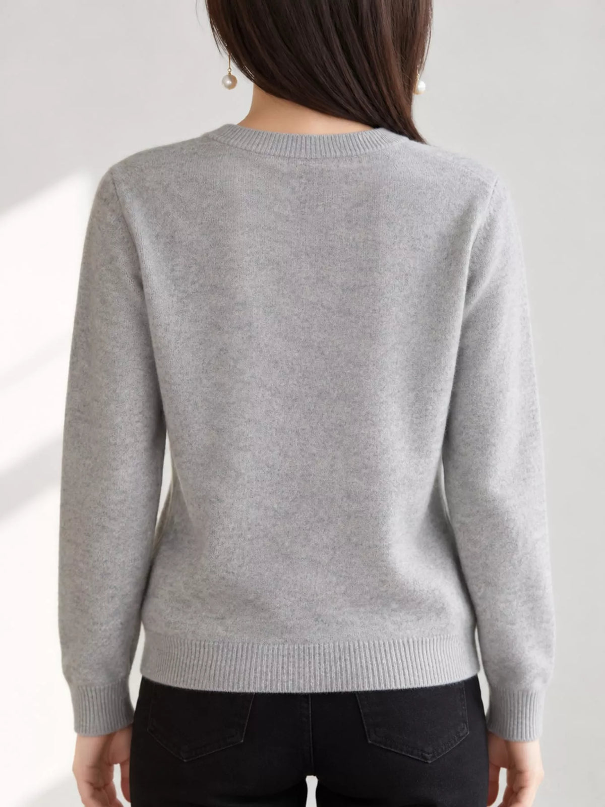 Gray crew neck button-front cardigan, back view
