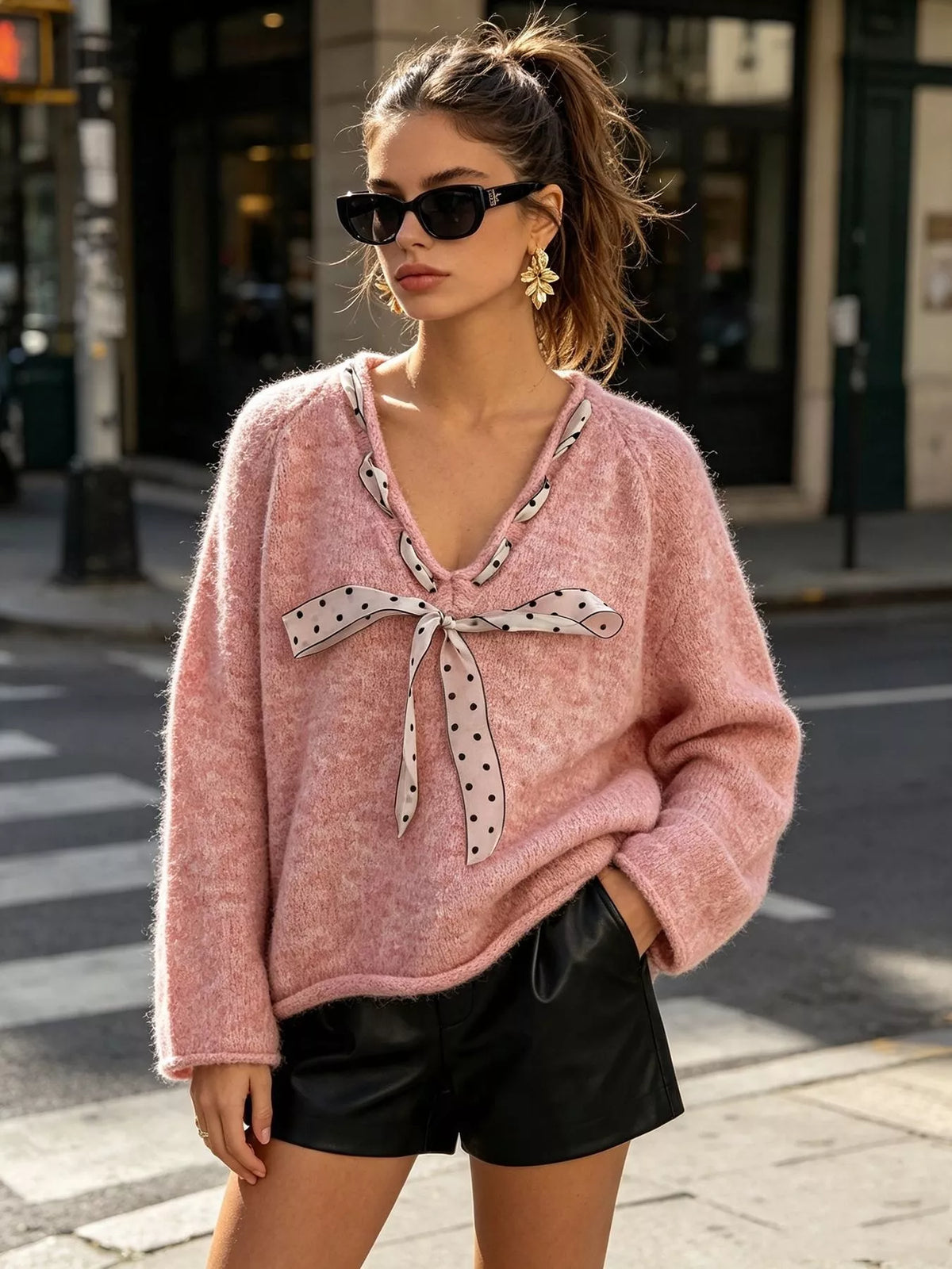 Pink v-neck knit top with polka dot ribbon tie, front showing ribbon tie.