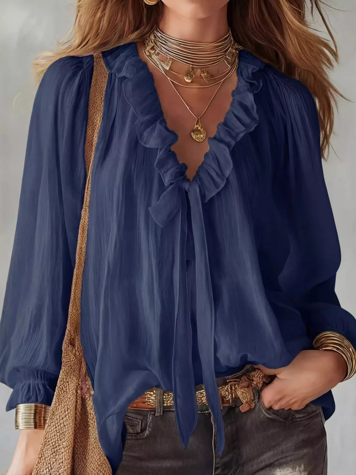 V-neck long sleeve blouse, front view on model