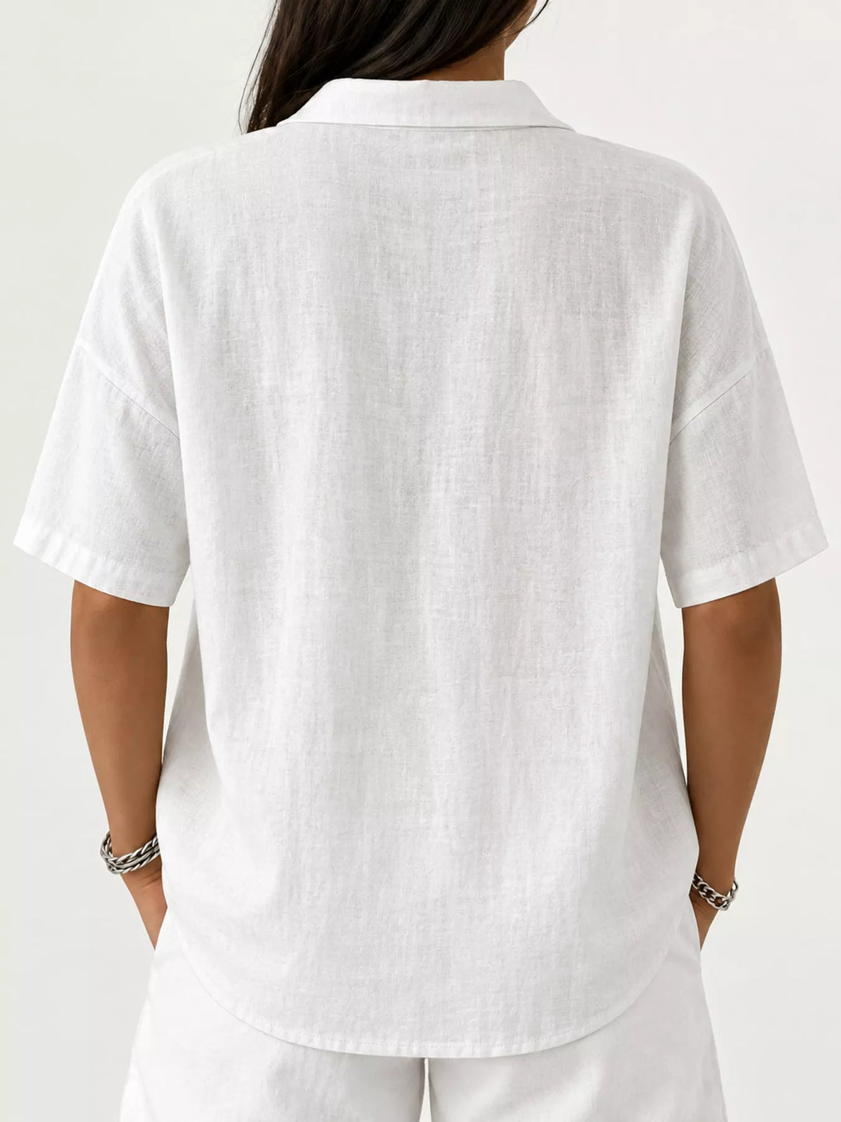 Snap Down Shirt in white, back view