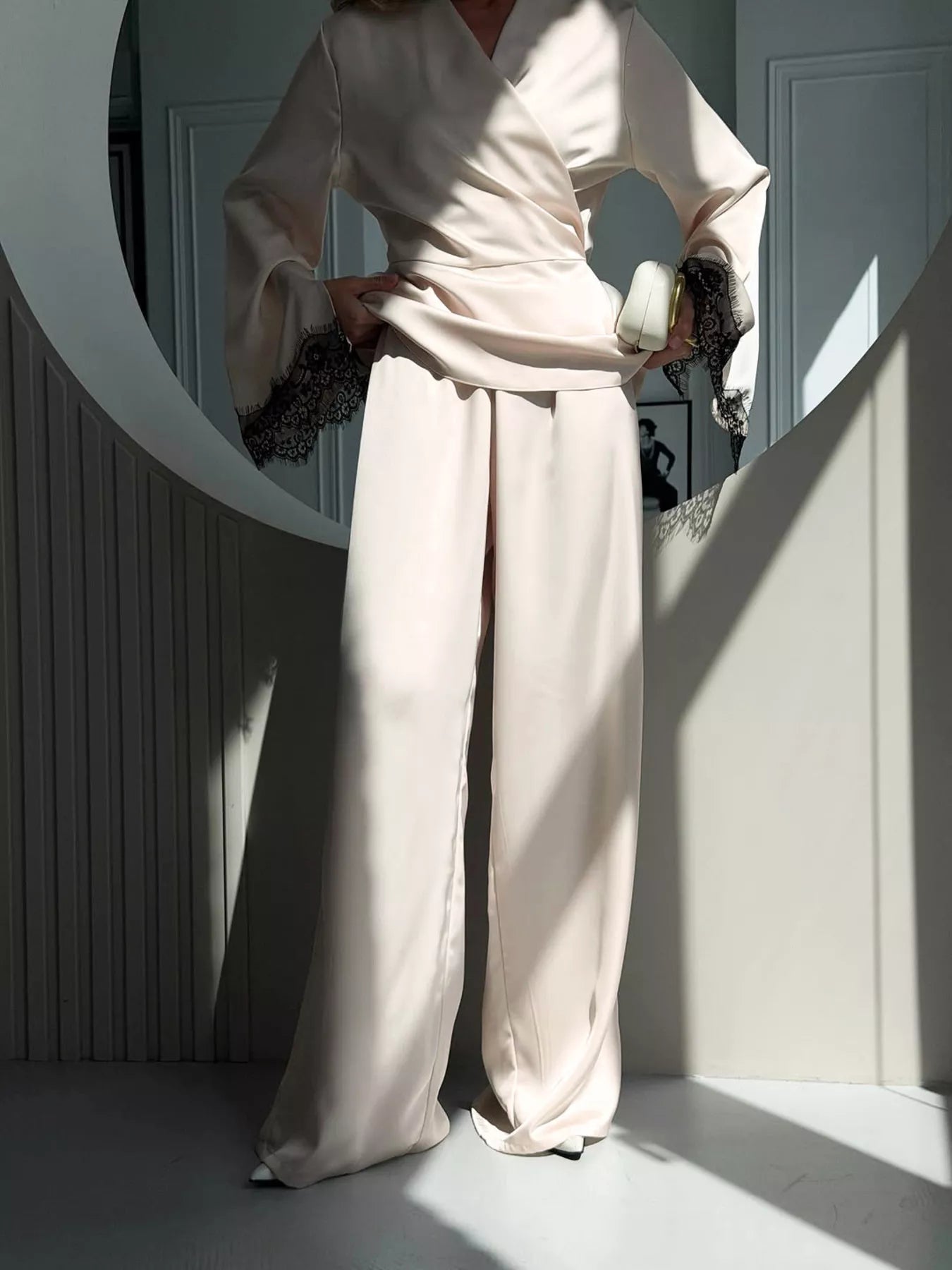 Trendsi Lace Trim Wrap Top and Pants Set -
